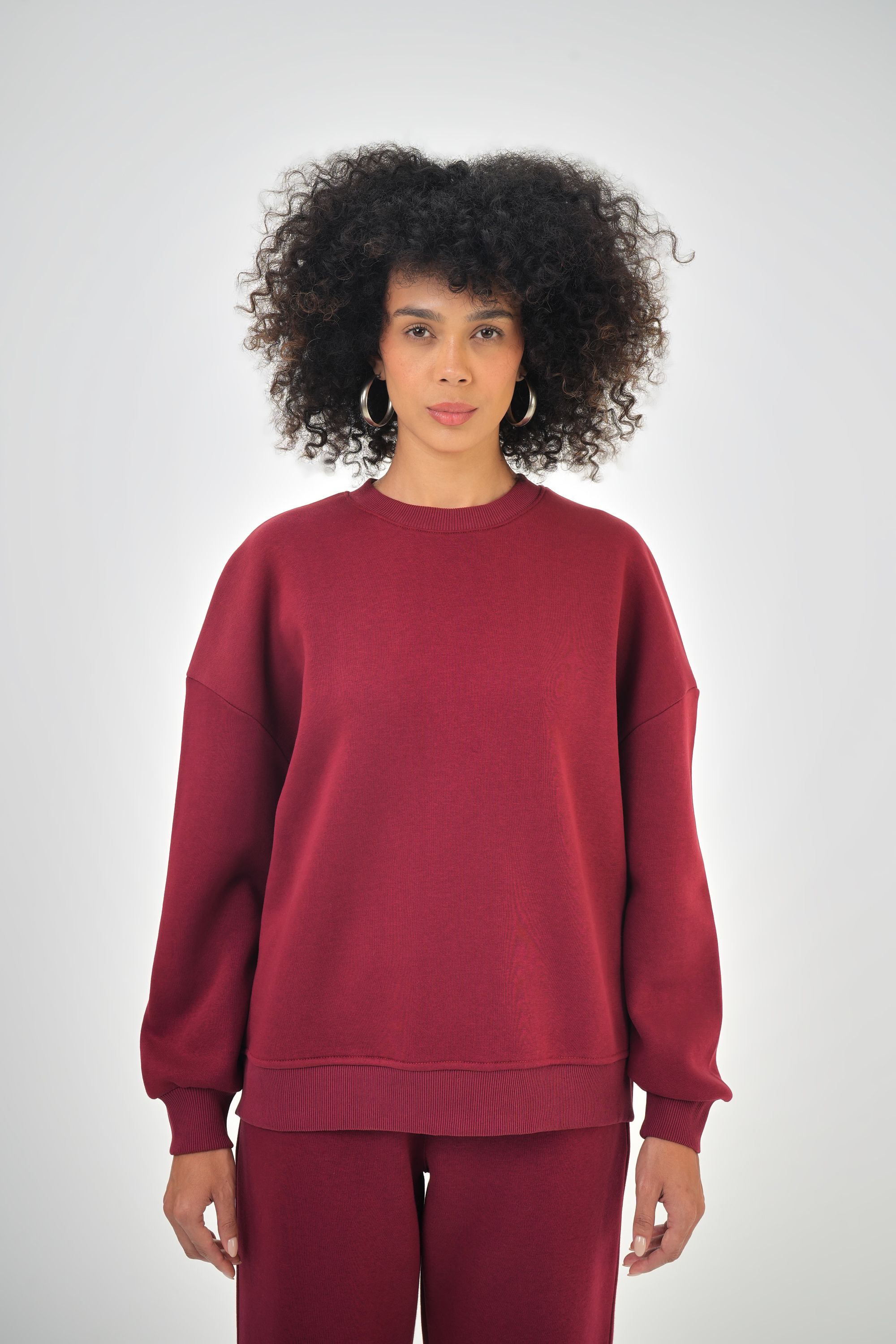 Kadın Ense Etiket Detaylı Oversize Basic Sweatshirt - Bordo