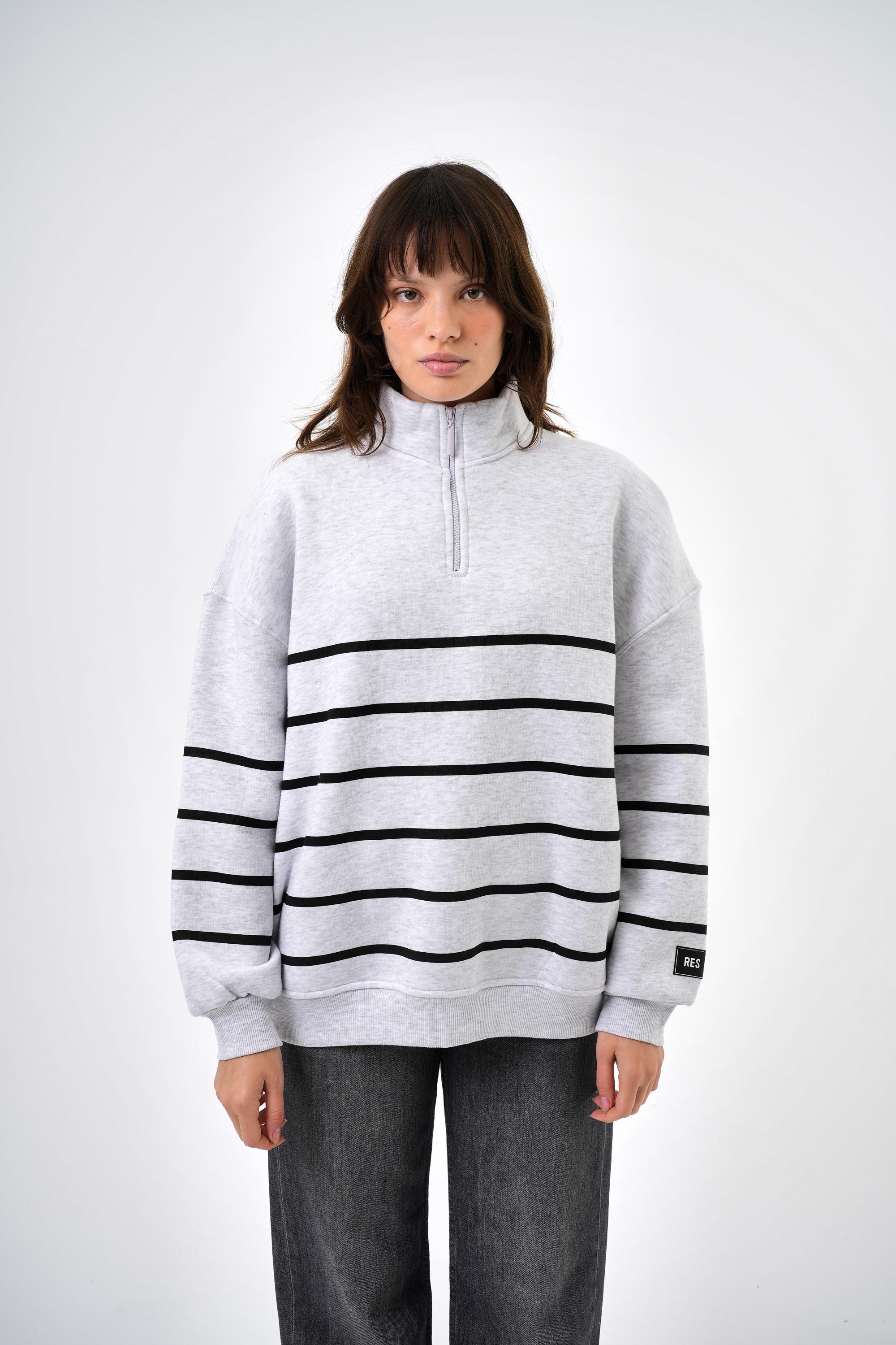 Kadın Fermuarlı Şerit Çizgi Detaytlı Oversize Sweatshirt - Kar Melanj