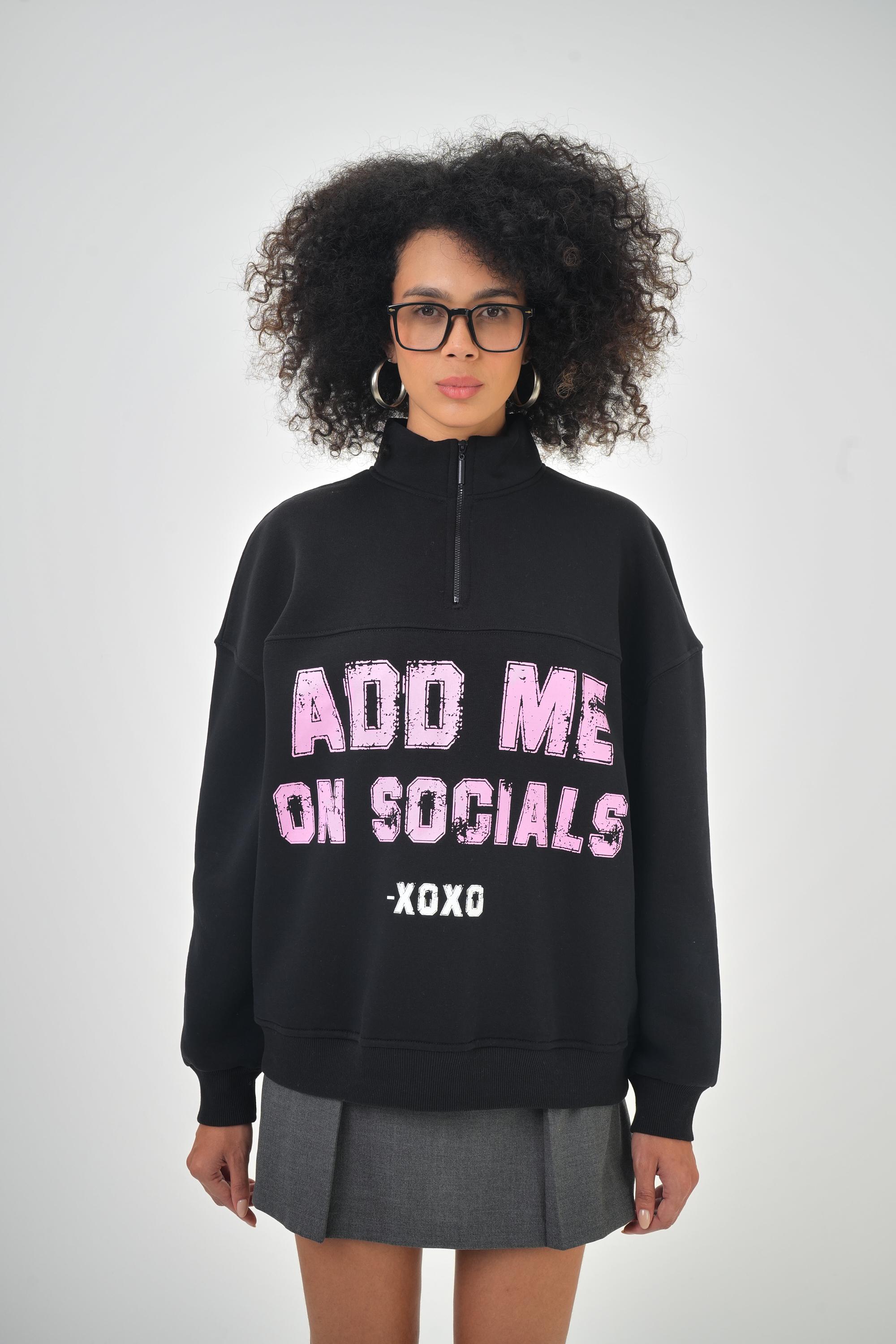 Kadın Add Me On Social Oxxo Yazılı Fermuar Detaylı Oversize Sweatshirt - Lacivert