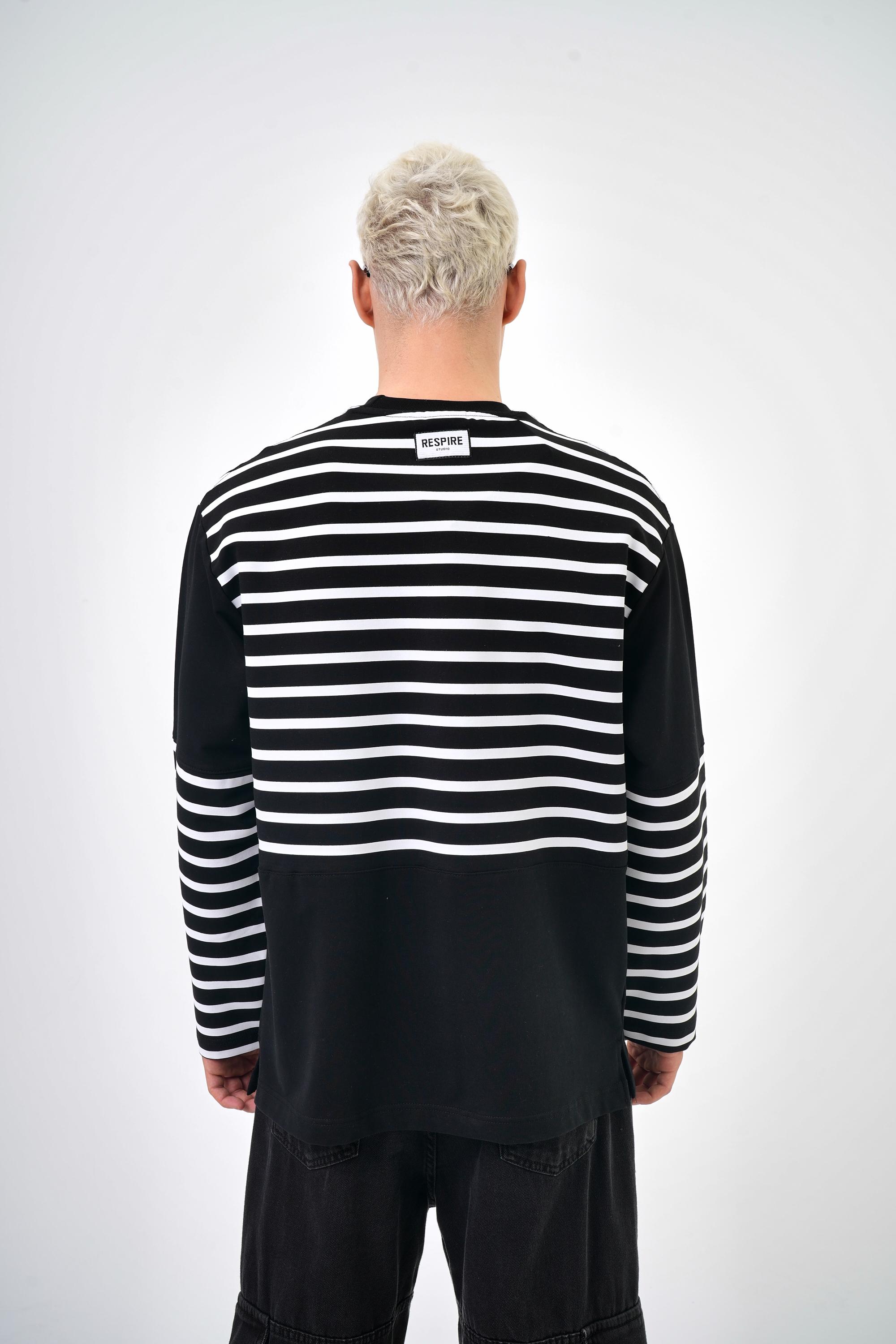 Erkek Overisize Çizgili Striped Sweatshirt   - Siyah