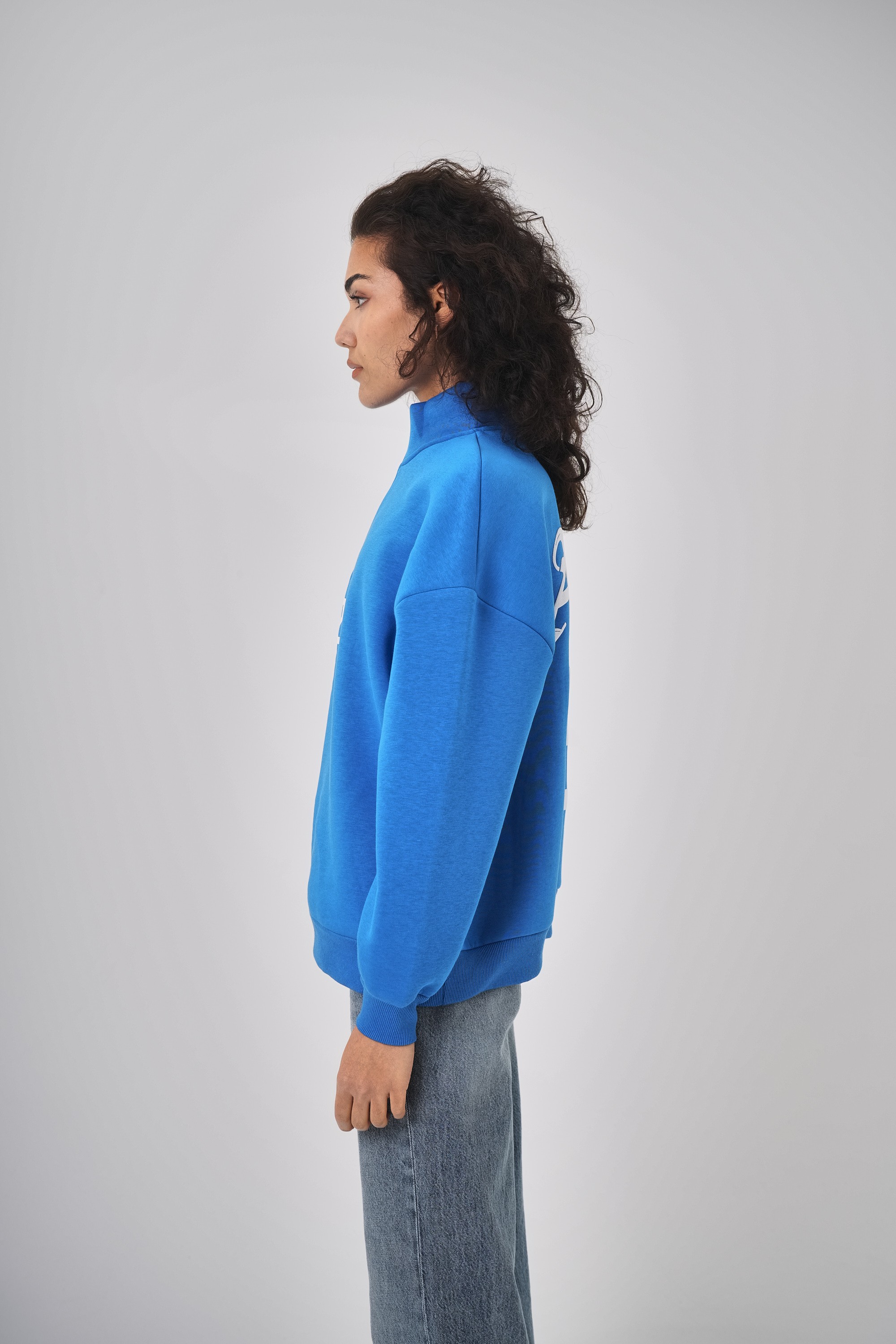 Kadın Oversize Baskılı Yarım Fermuarlı Sweatshirt - Mavi