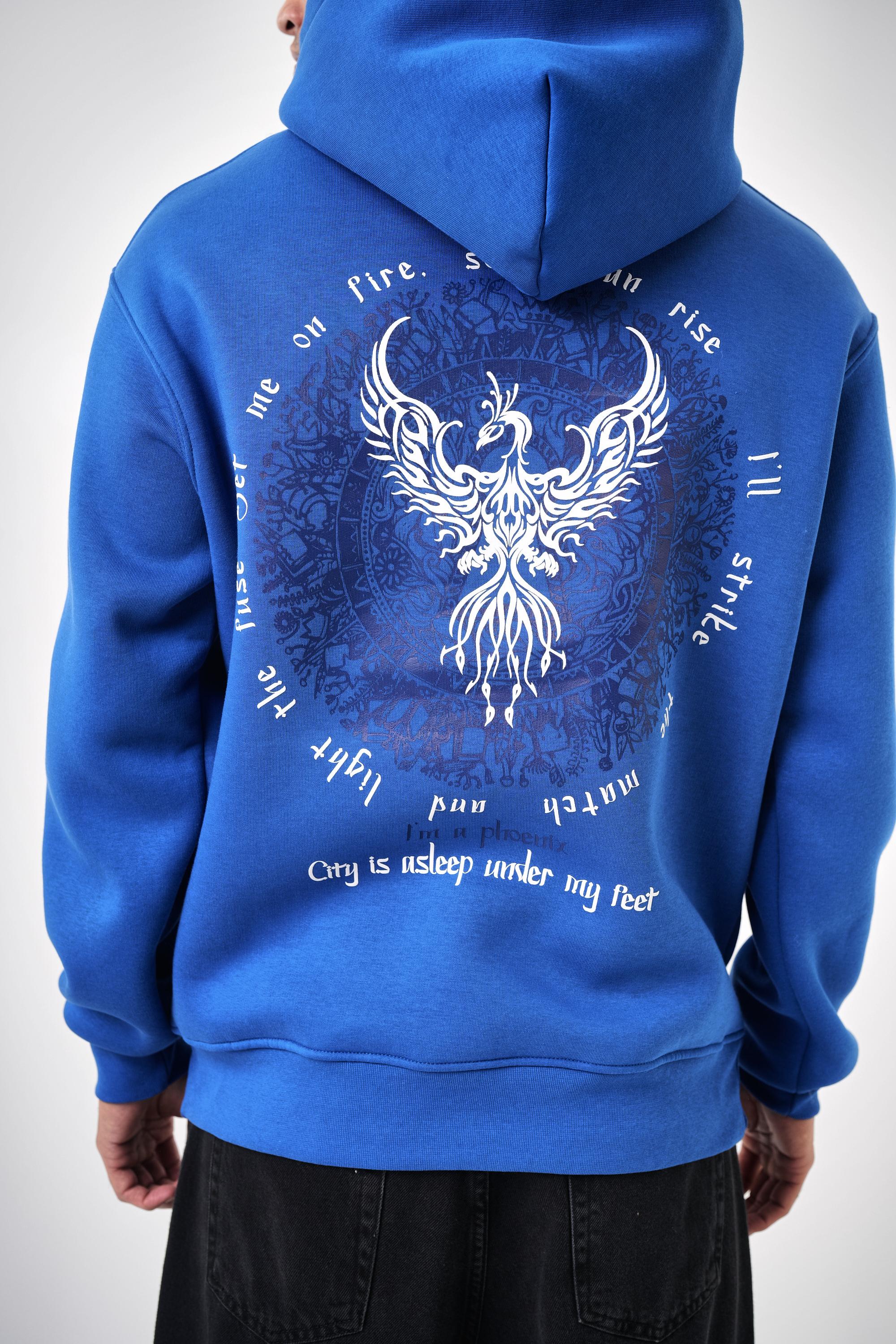 Erkek Phoenix Baskılı Oversize Hoodie - Saks