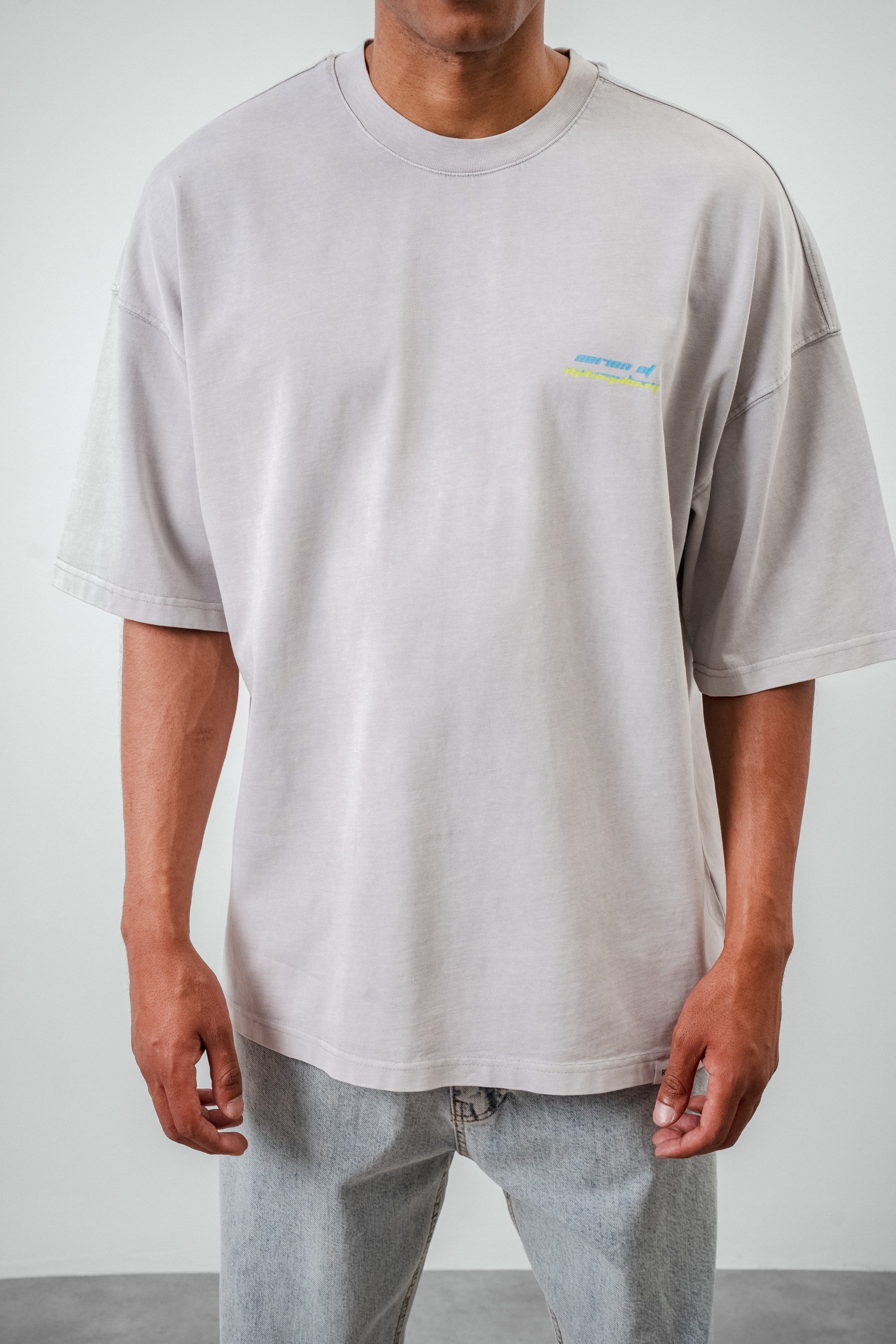 Respire Series of Minimalism Yazılı Yıkamalı Oversize T-Shirt - Gri