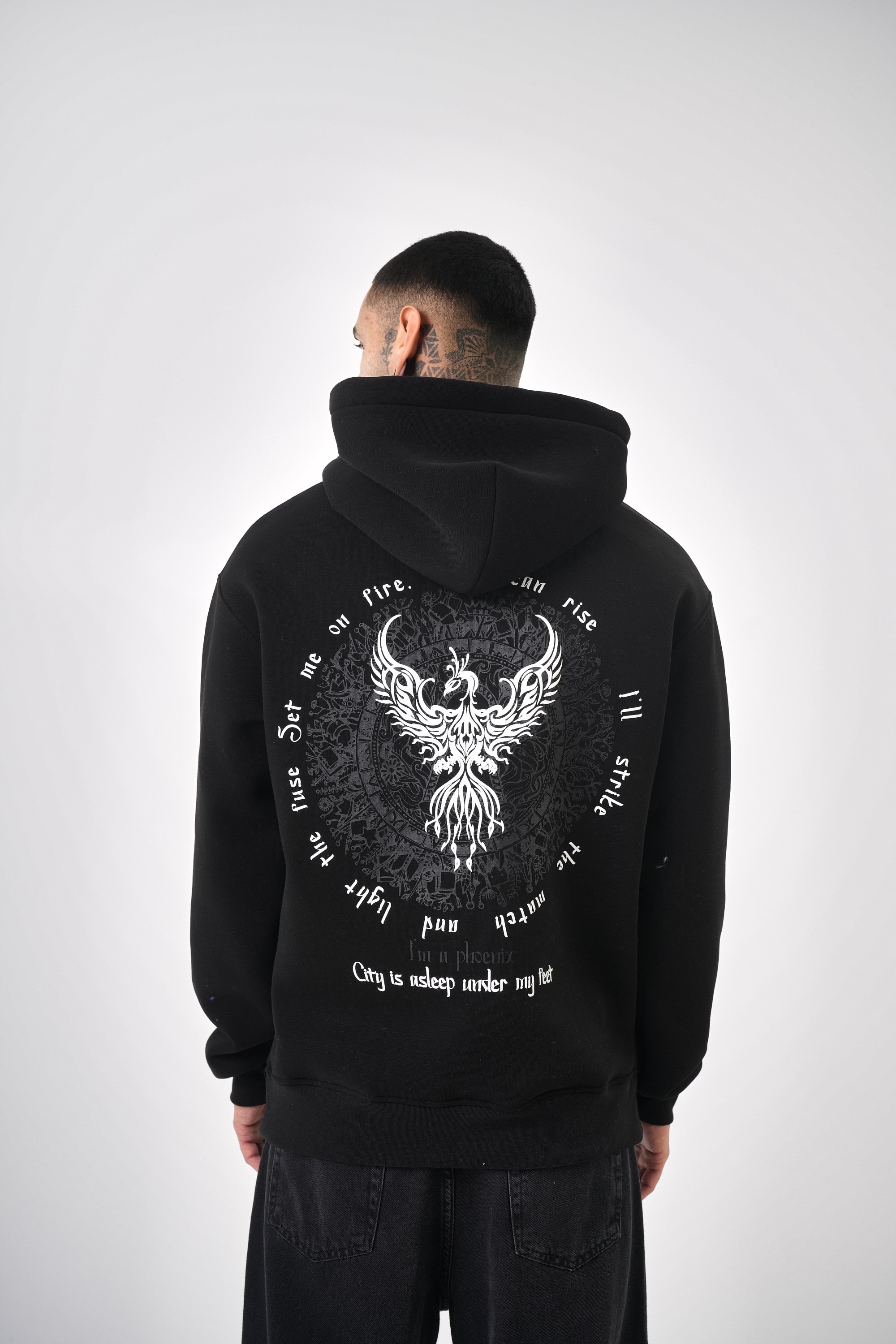 Erkek Phoenix Baskılı Oversize Hoodie - Siyah