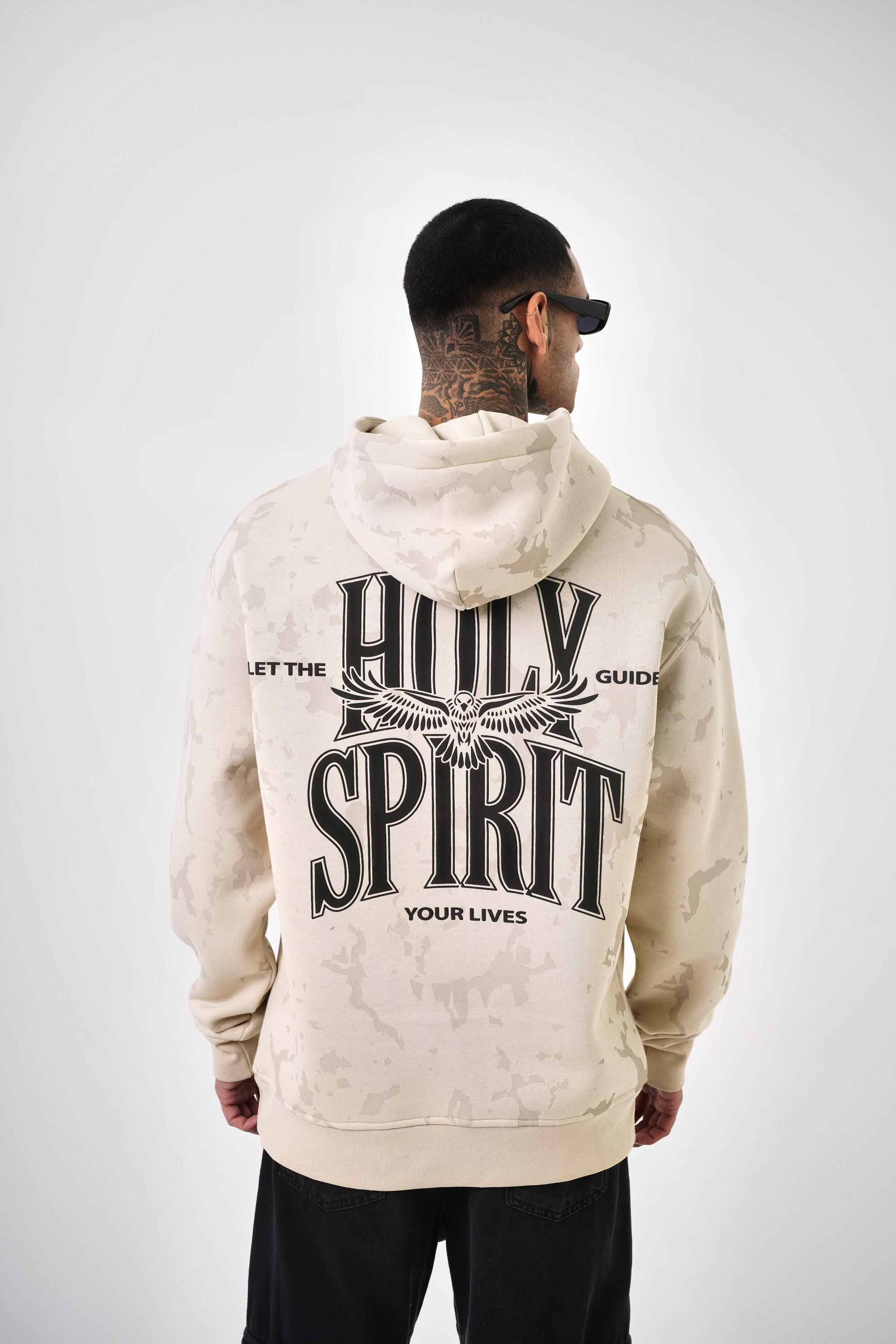 Erkek Holy Spirit Baskılı Oversize Hoodie - Bej