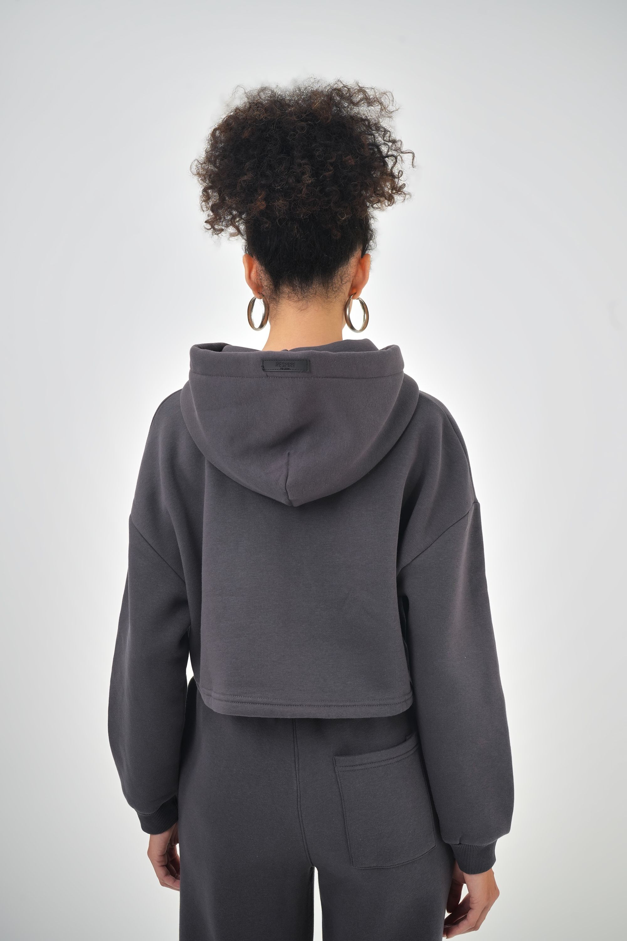 Kadın Kapüşonlu Bağcık Detaylı Oversize Basic Crop Hoodie - Füme