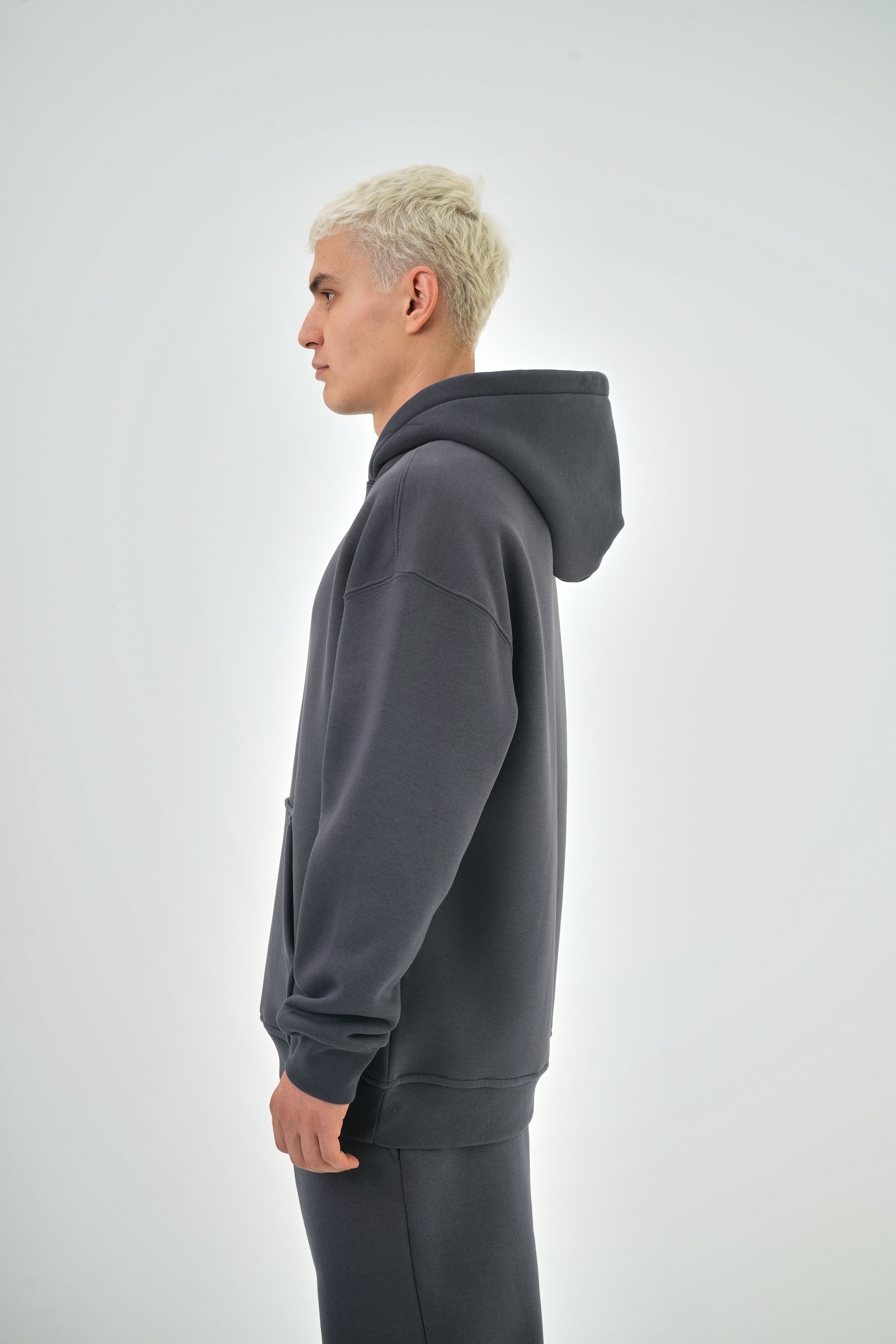 Erkek Oversize Basic Hoodie - Füme