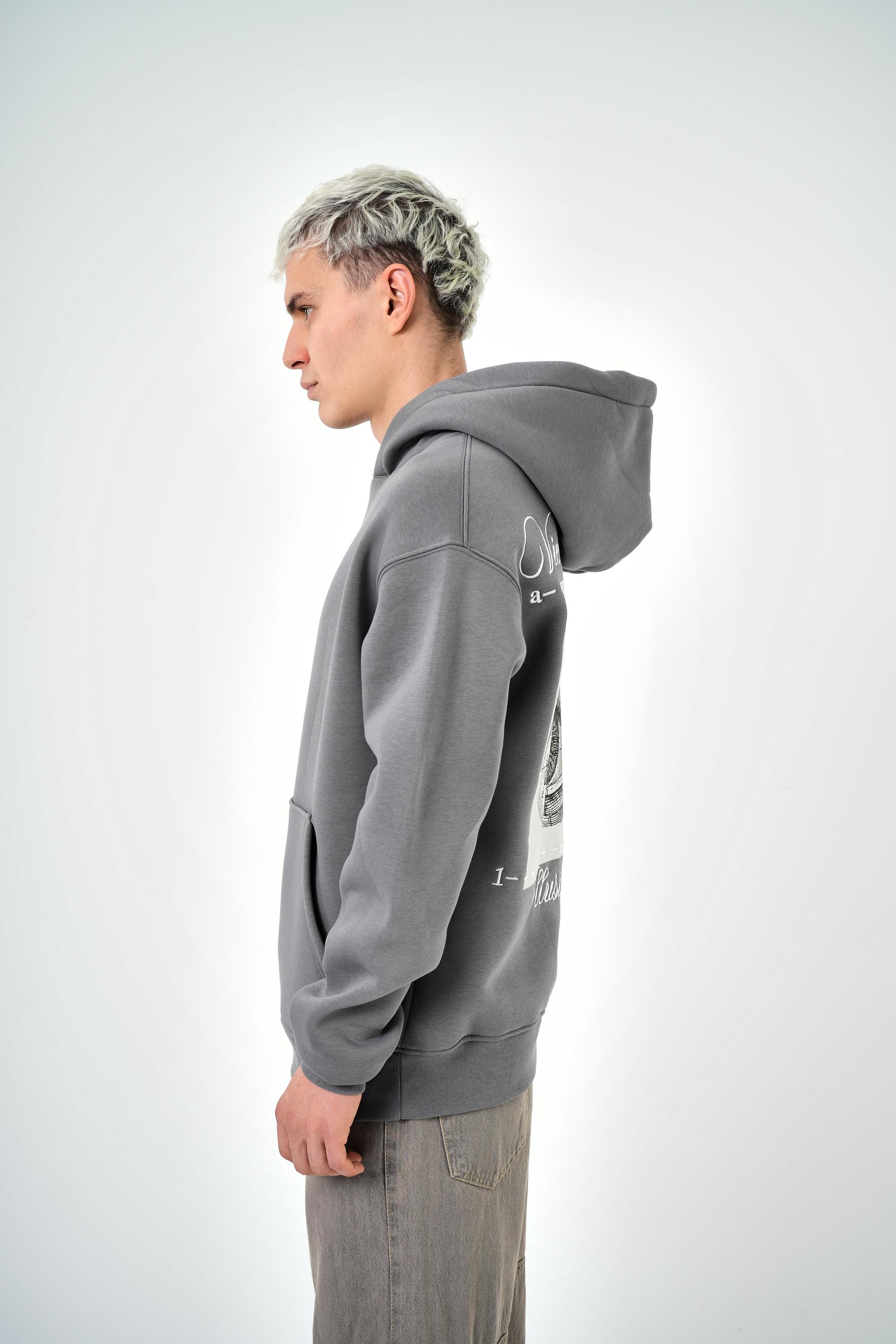 Erkek Illusion Baskılı Oversize Hoodie - Gri