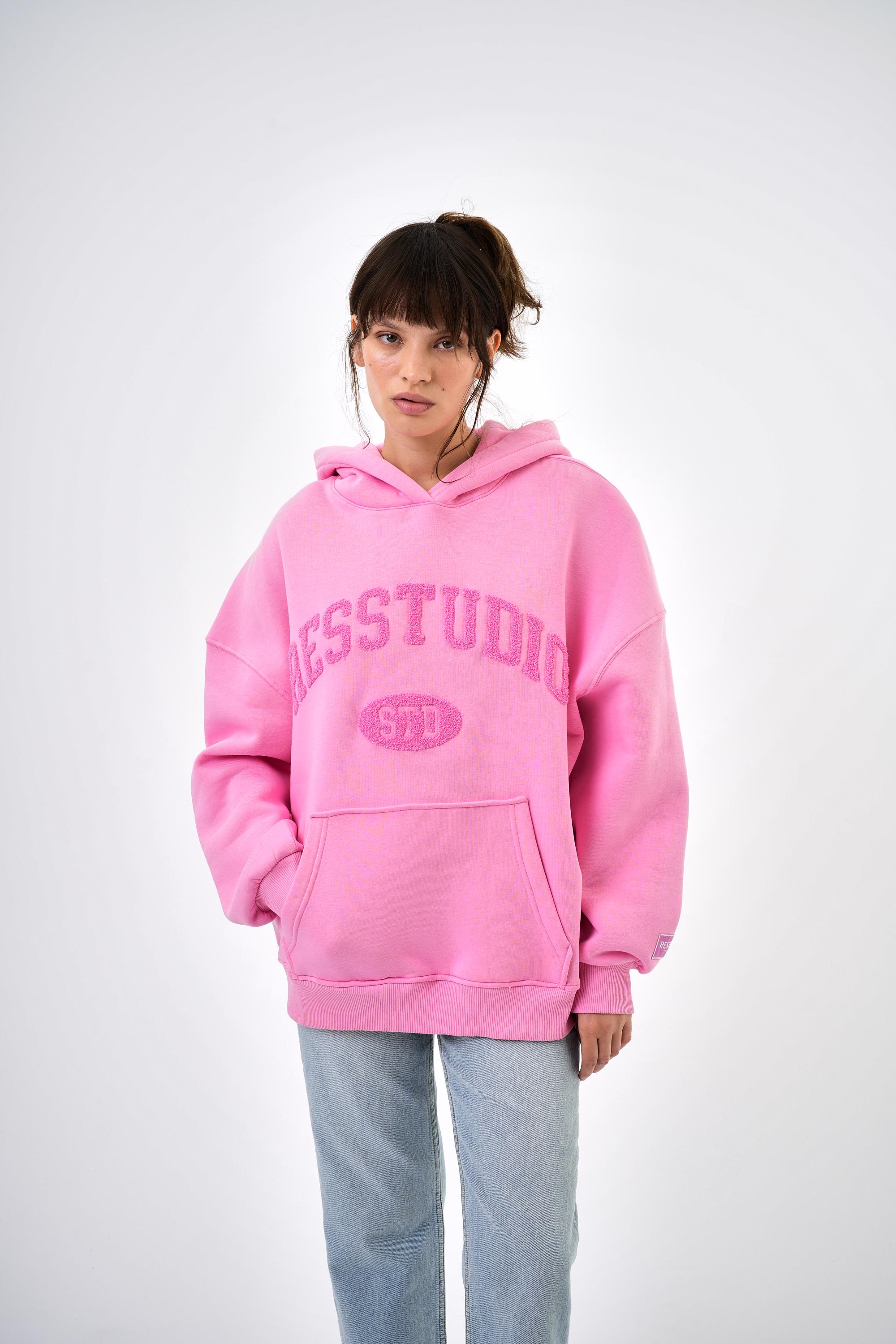 Kadın Res Studio Yazılı Kanguru Cepli Kapüşonlu Oversize Hoodie - Pembe