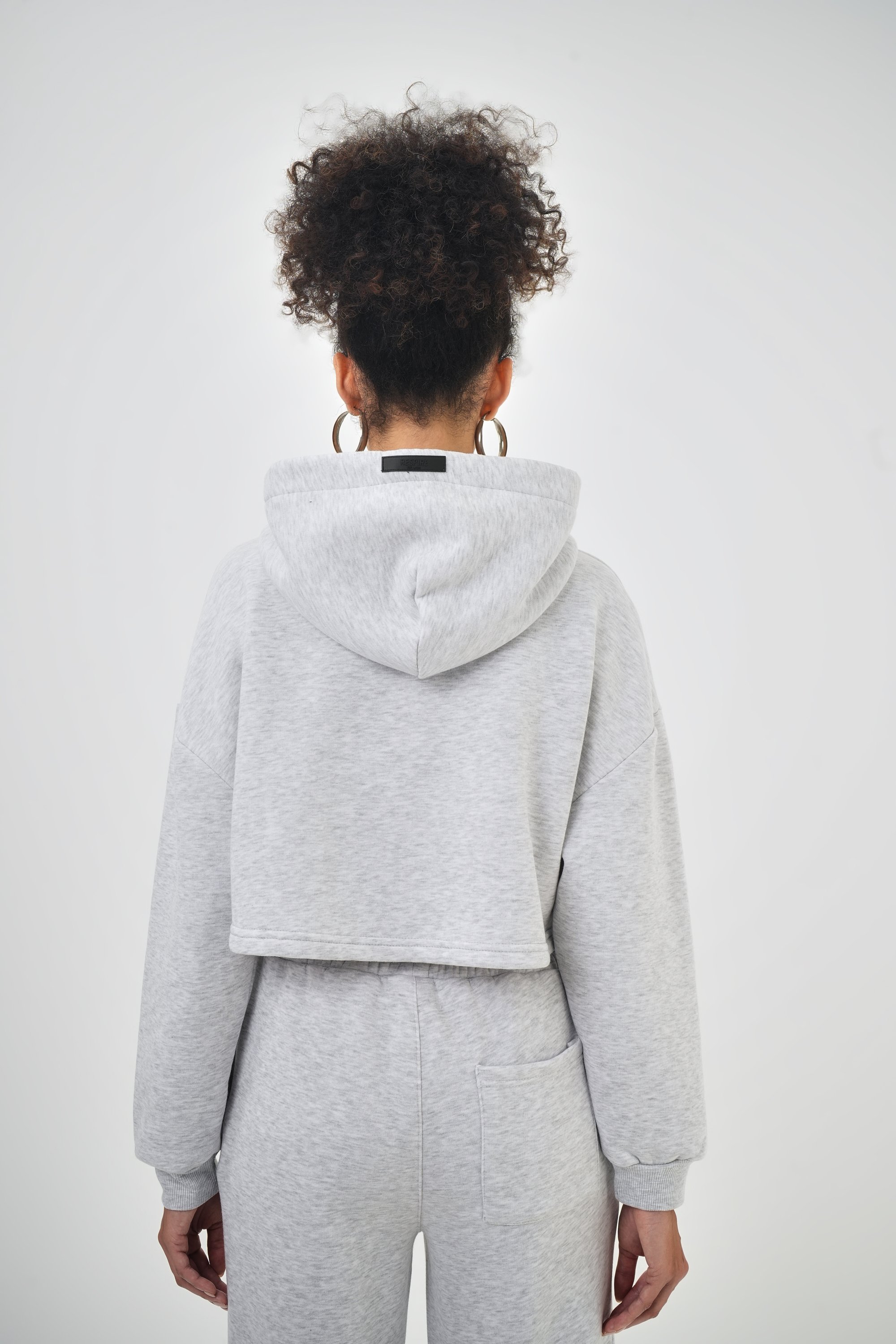 Kadın Kapüşonlu Bağcık Detaylı Oversize Basic Crop Hoodie - Kar Melanj