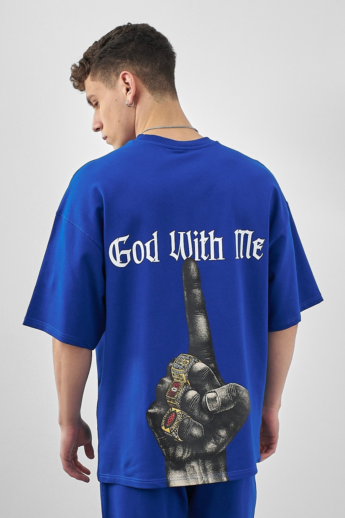 Respire God With Me Baskılı Oversize T-Shirt - Saks