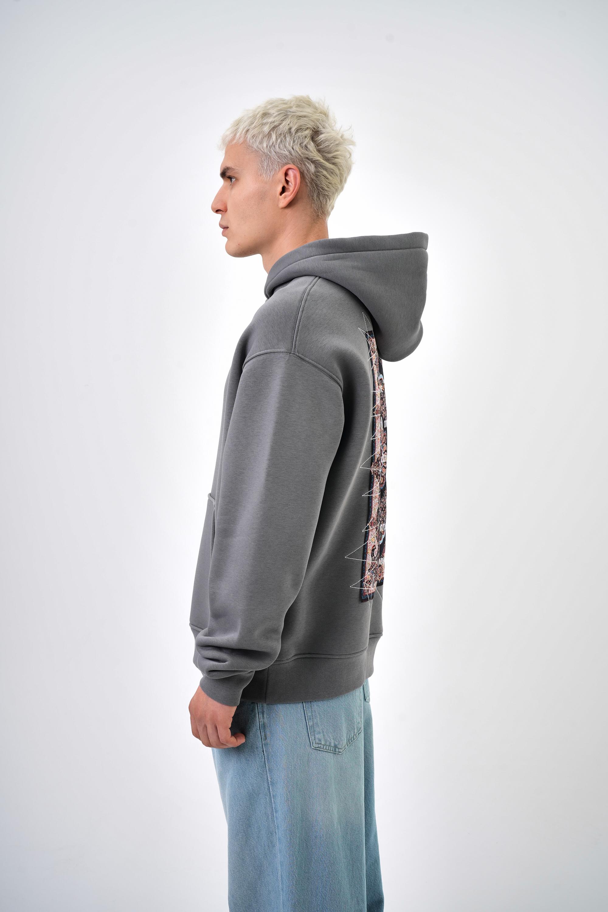 Erkek Oversize Traces Baskılı Hoodie - Gri