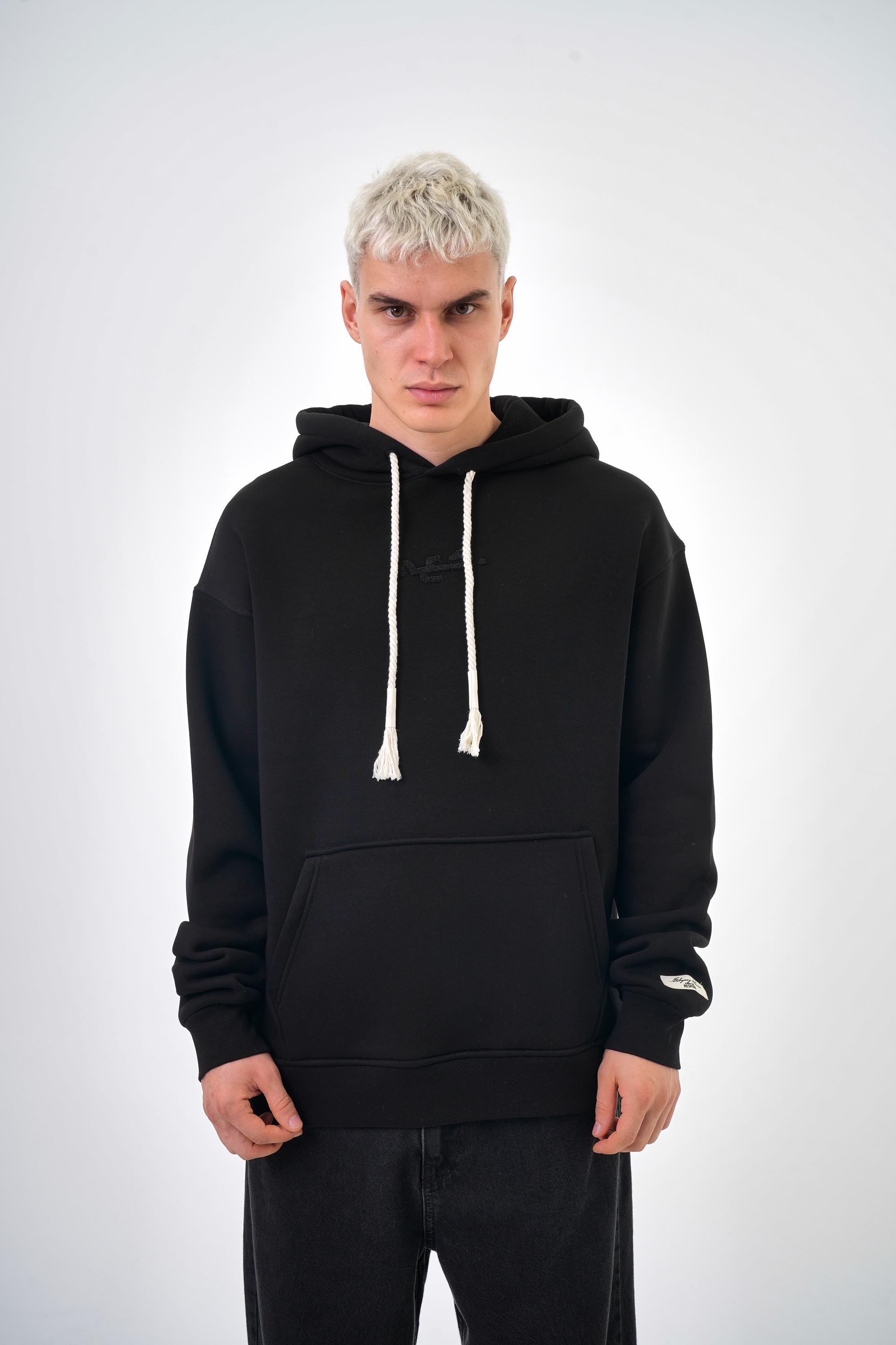 Kanguru Cep Detaylı Kapüşonlu Res Atelier Yazılı Oversize Hoodie - Siyah