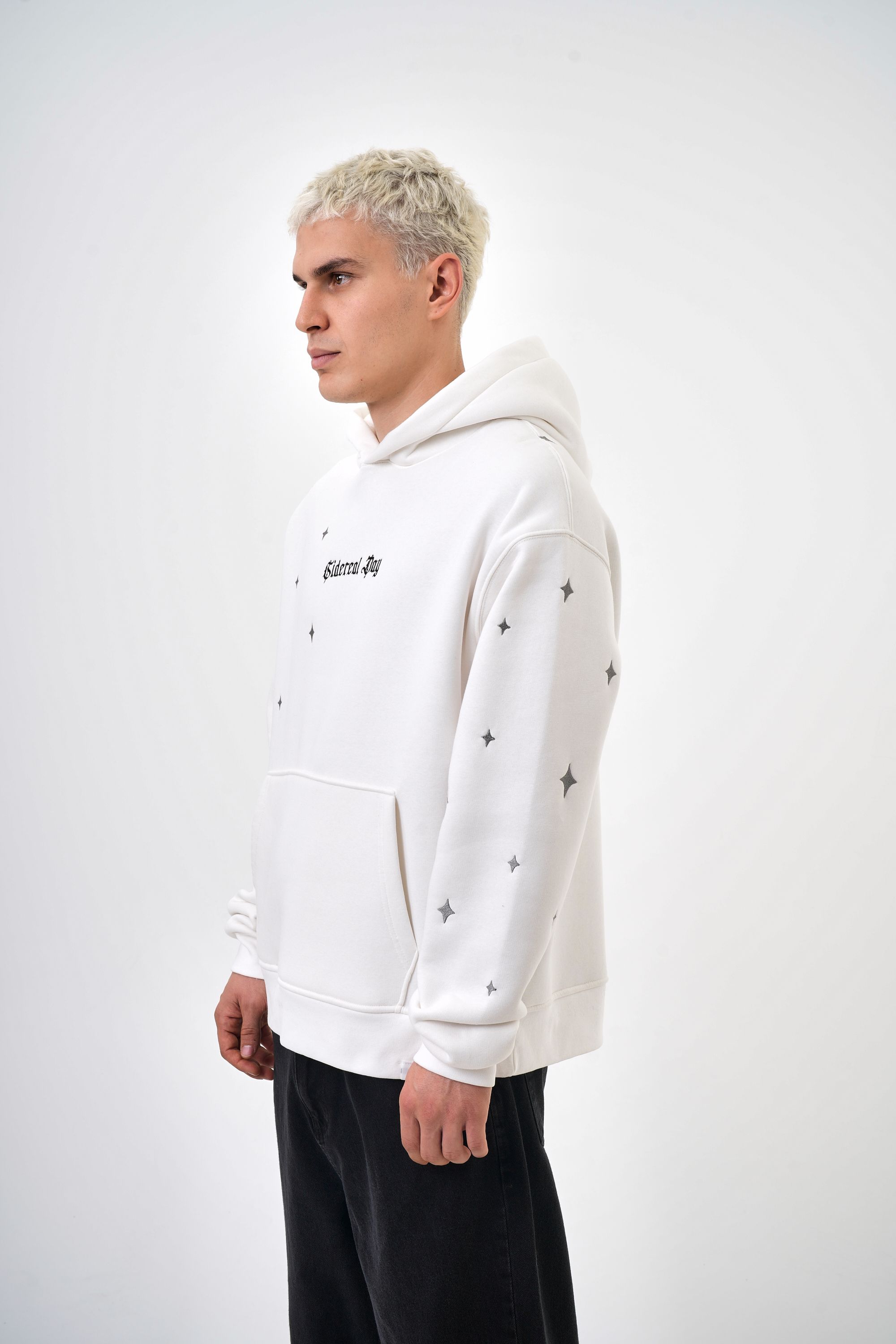 Erkek Oversize Sideral Day Baskılı Hoodie - Ekru