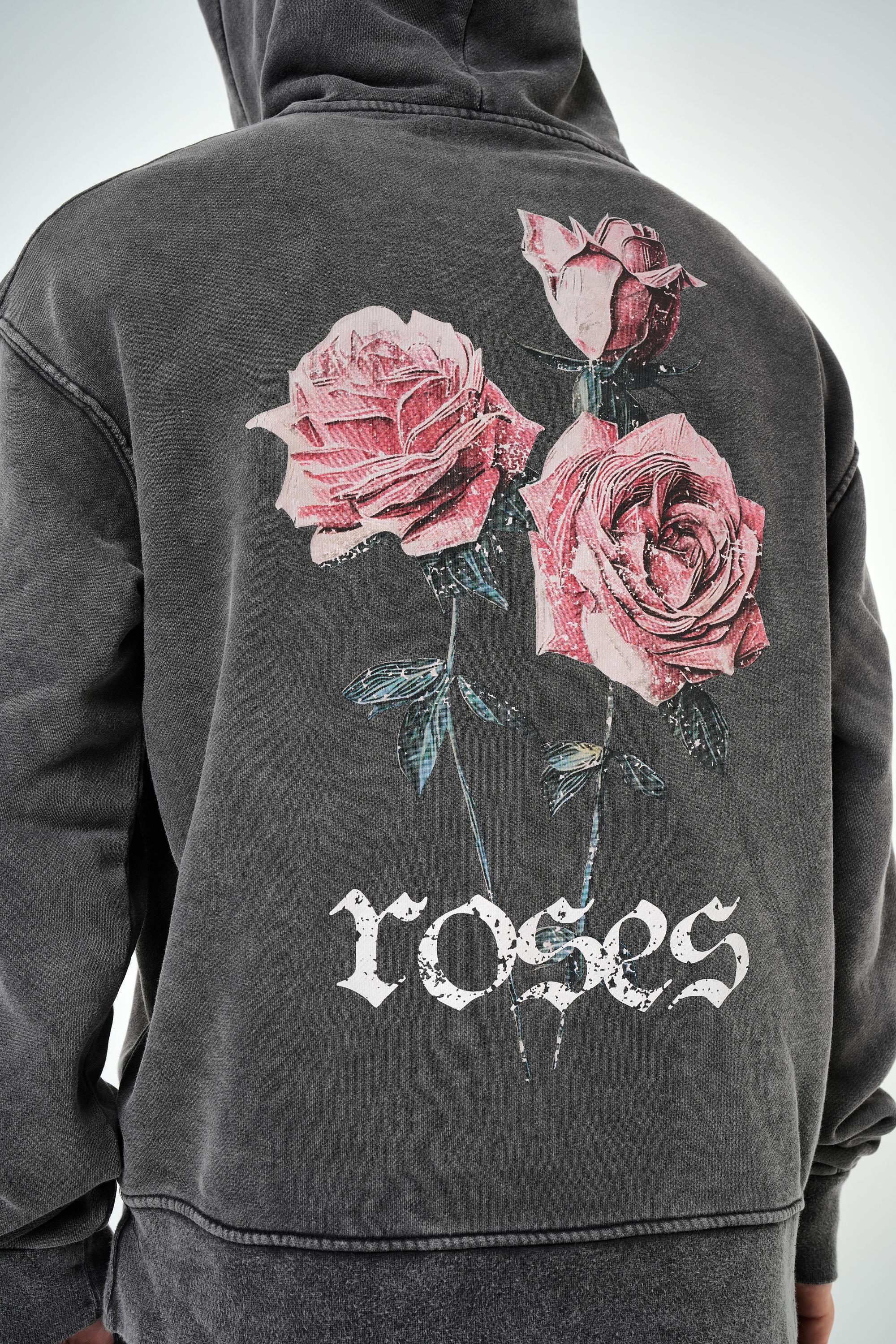 Erkek Oversize Roses Yazılı Yıkamalı Hoodie - Siyah