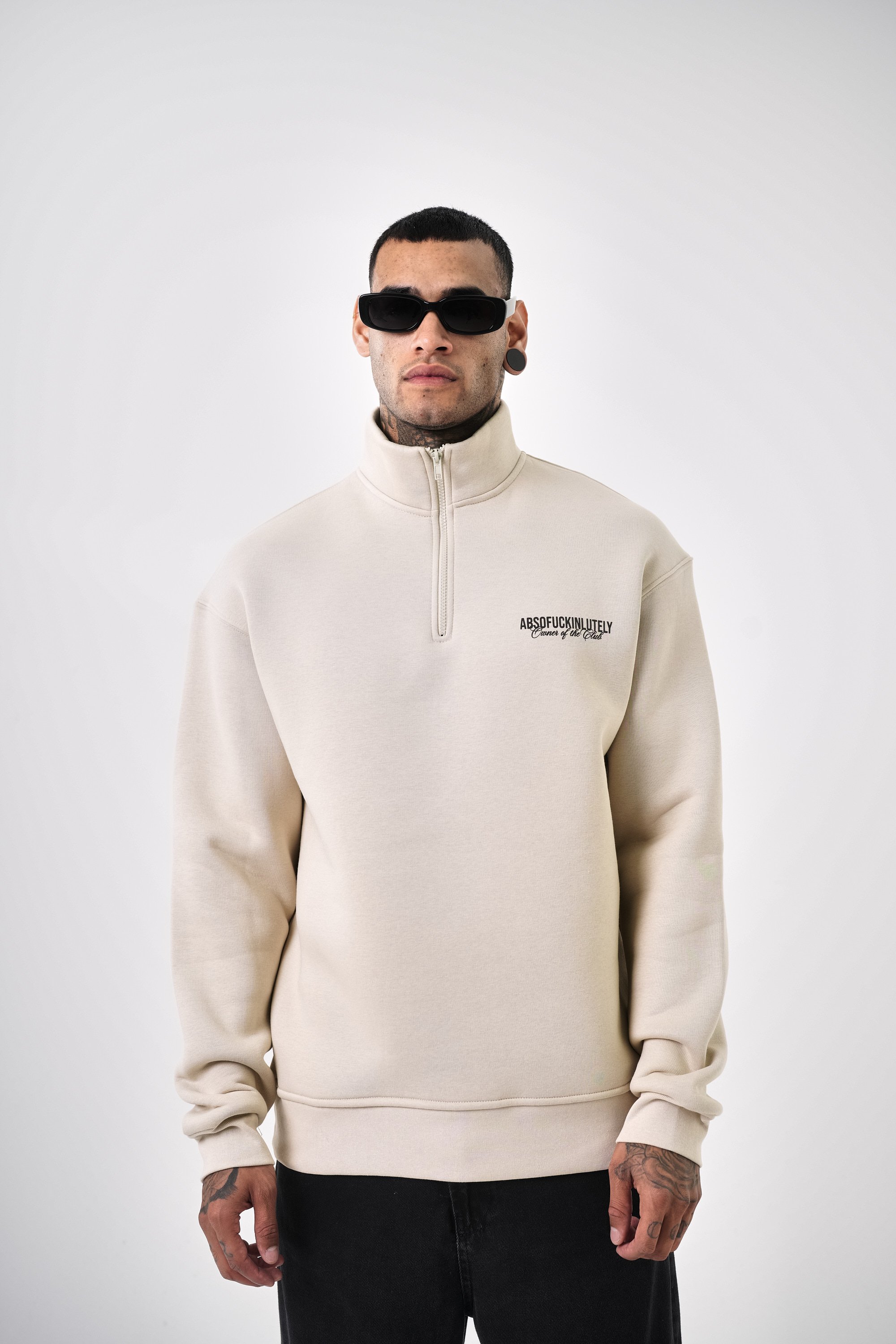 Erkek Yarım Fermuarlı Absofuckinlutely Baskılı Sweatshirt - Bej