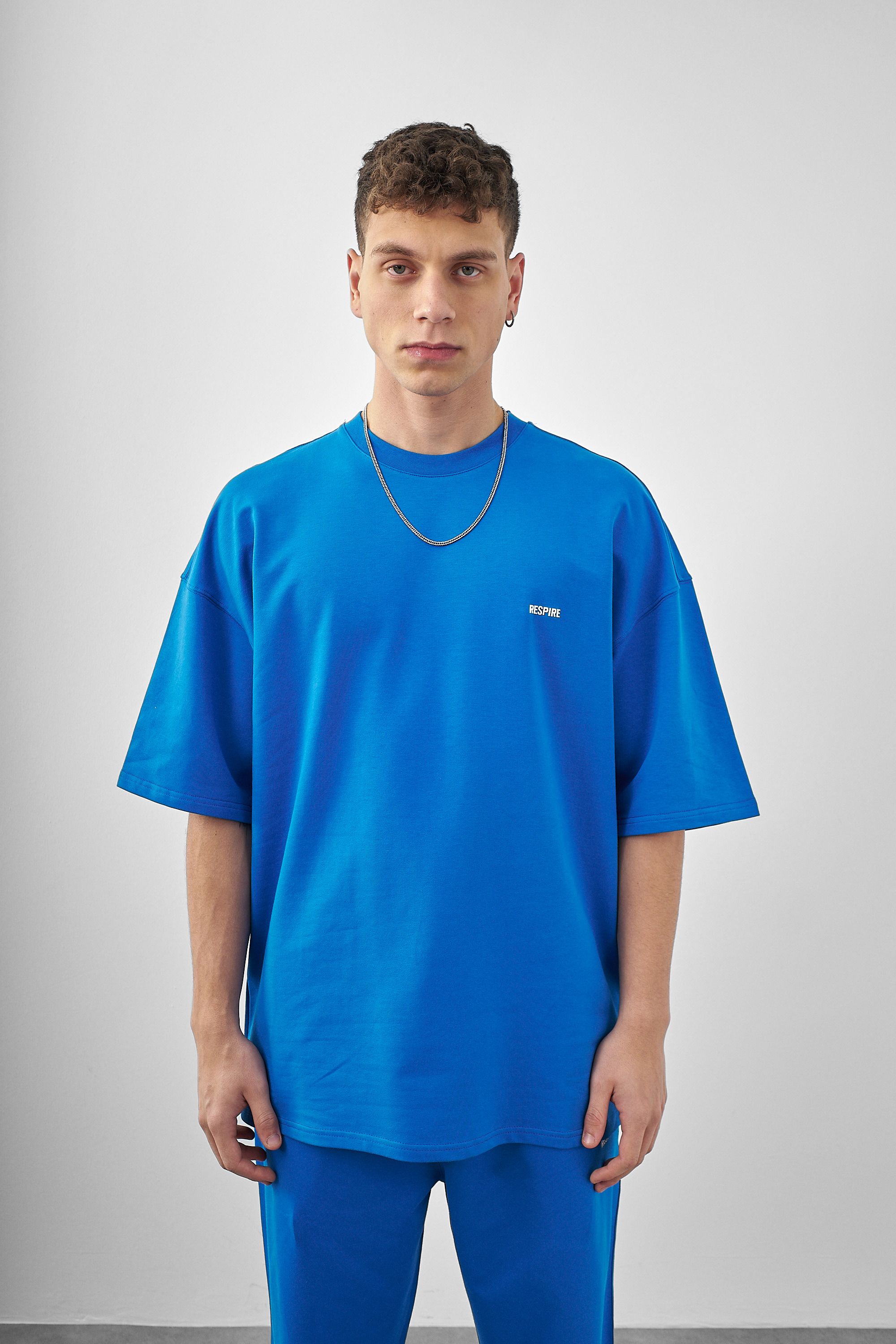 Respire Yazılı Oversize T-Shirt - Mavi