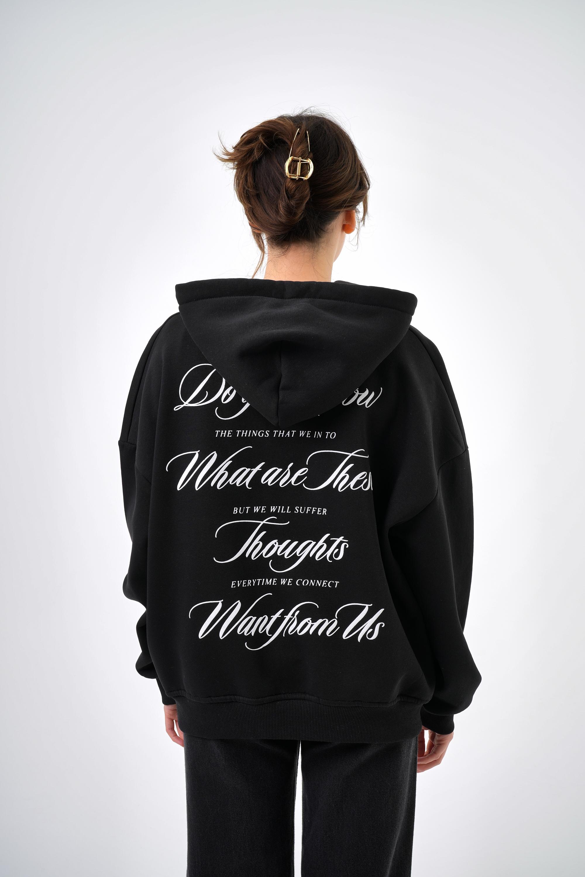 Kadın Want From Us Yazılı Kanguru Cepli Kapüşonlu Oversize Hoodie - Siyah