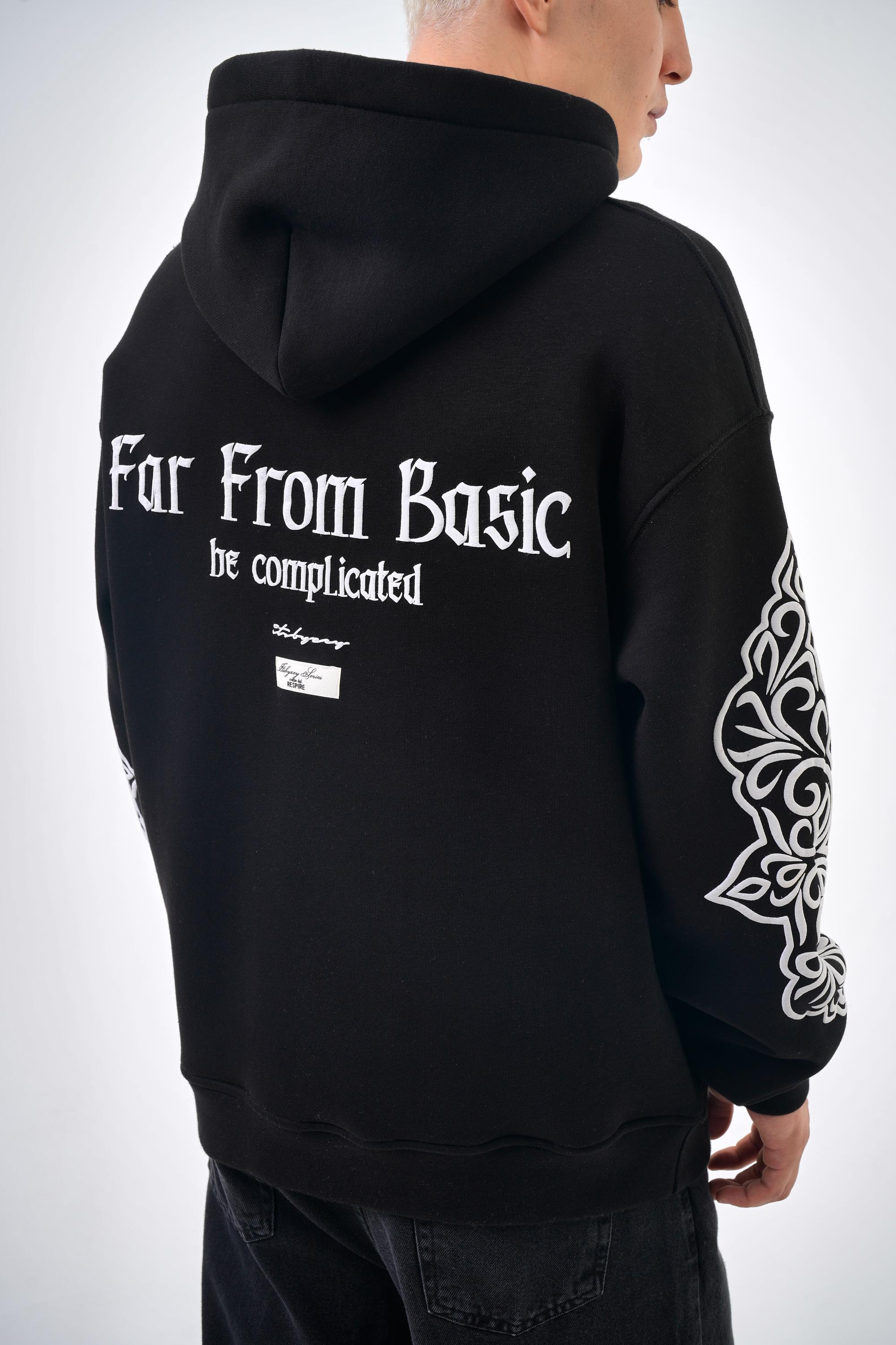 Erkek Oversize Far From Basic Baskılı Kapüşonlu Hoodie - Siyah