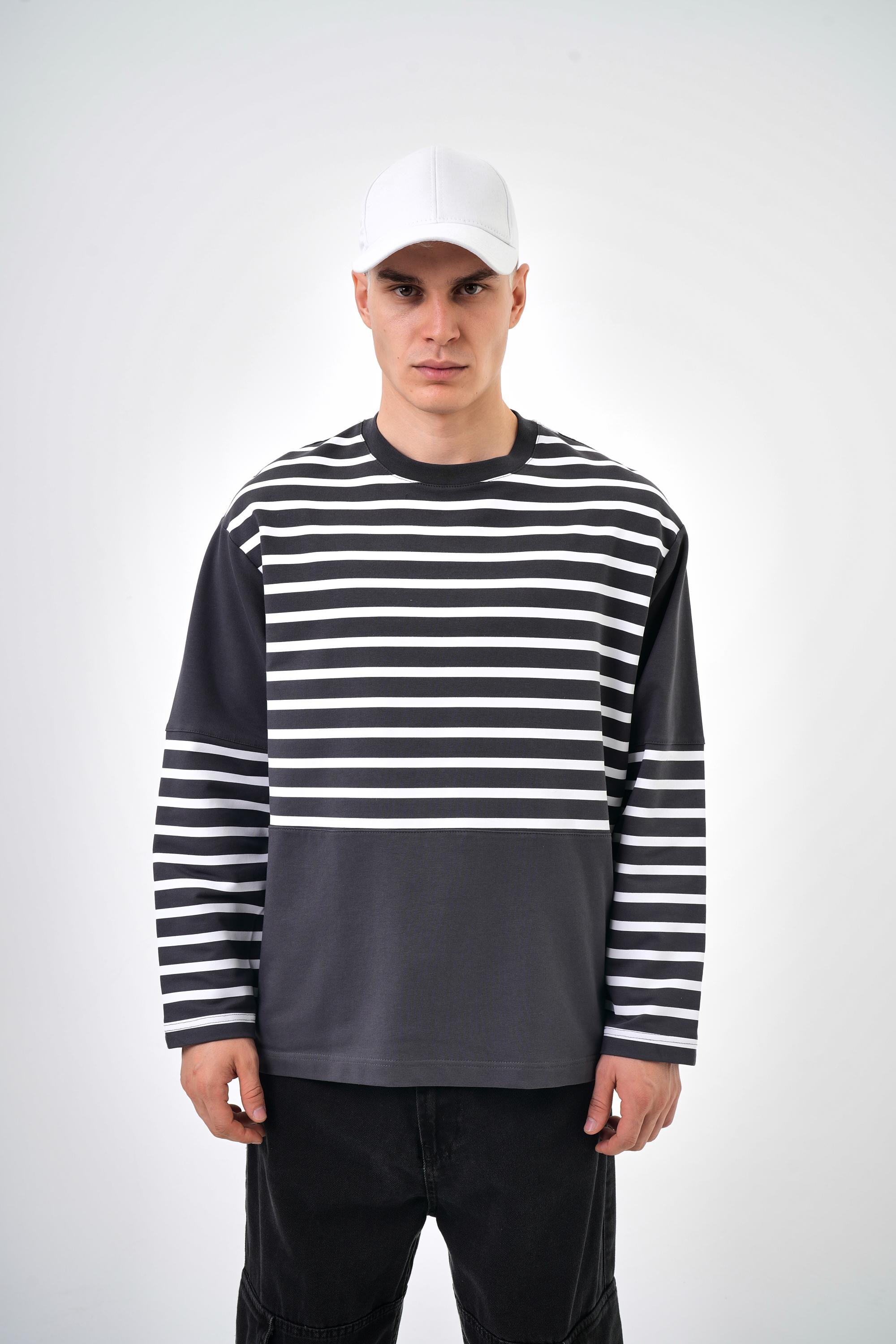 Şerit Çizgi Detaylı Striped Sweatshirt - Füme