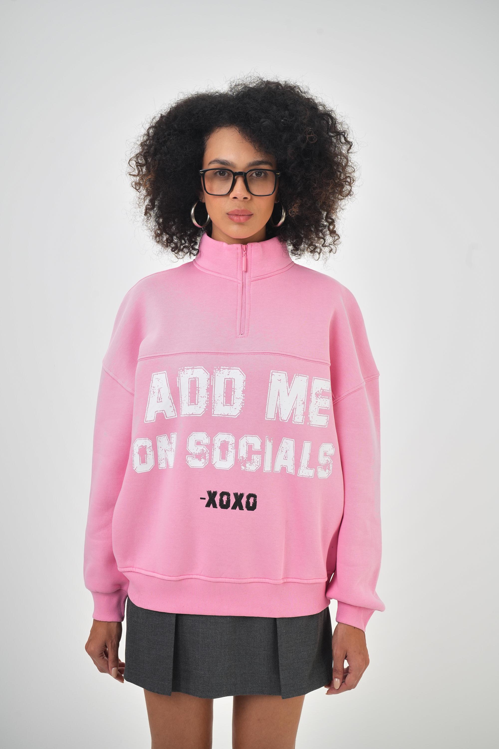 Kadın Add Me On Social Oxxo Yazılı Fermuar Detaylı Oversize Sweatshirt - Pembe