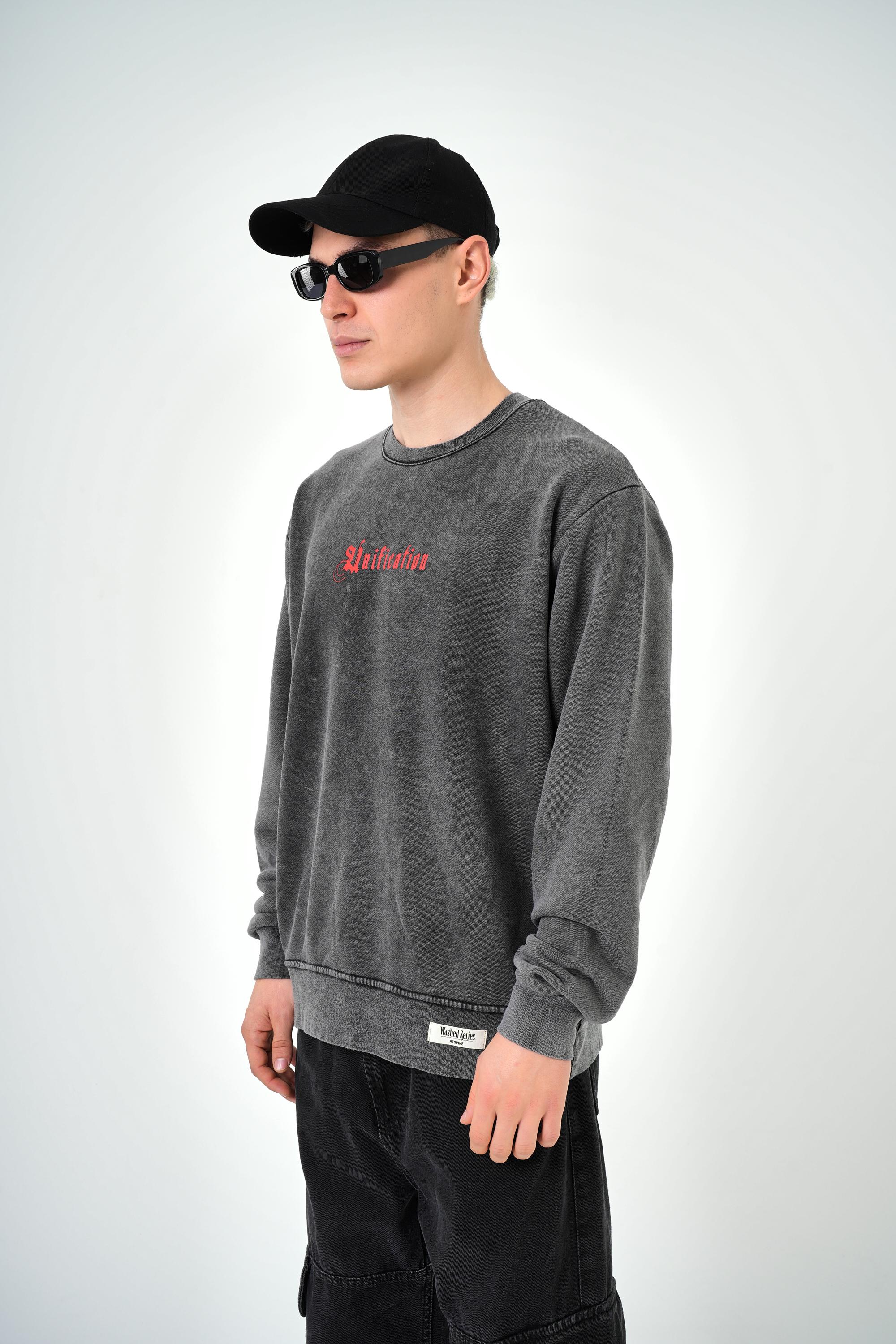 Erkek Oversize Unification Baskılı Yıkamalı Sweatshirt