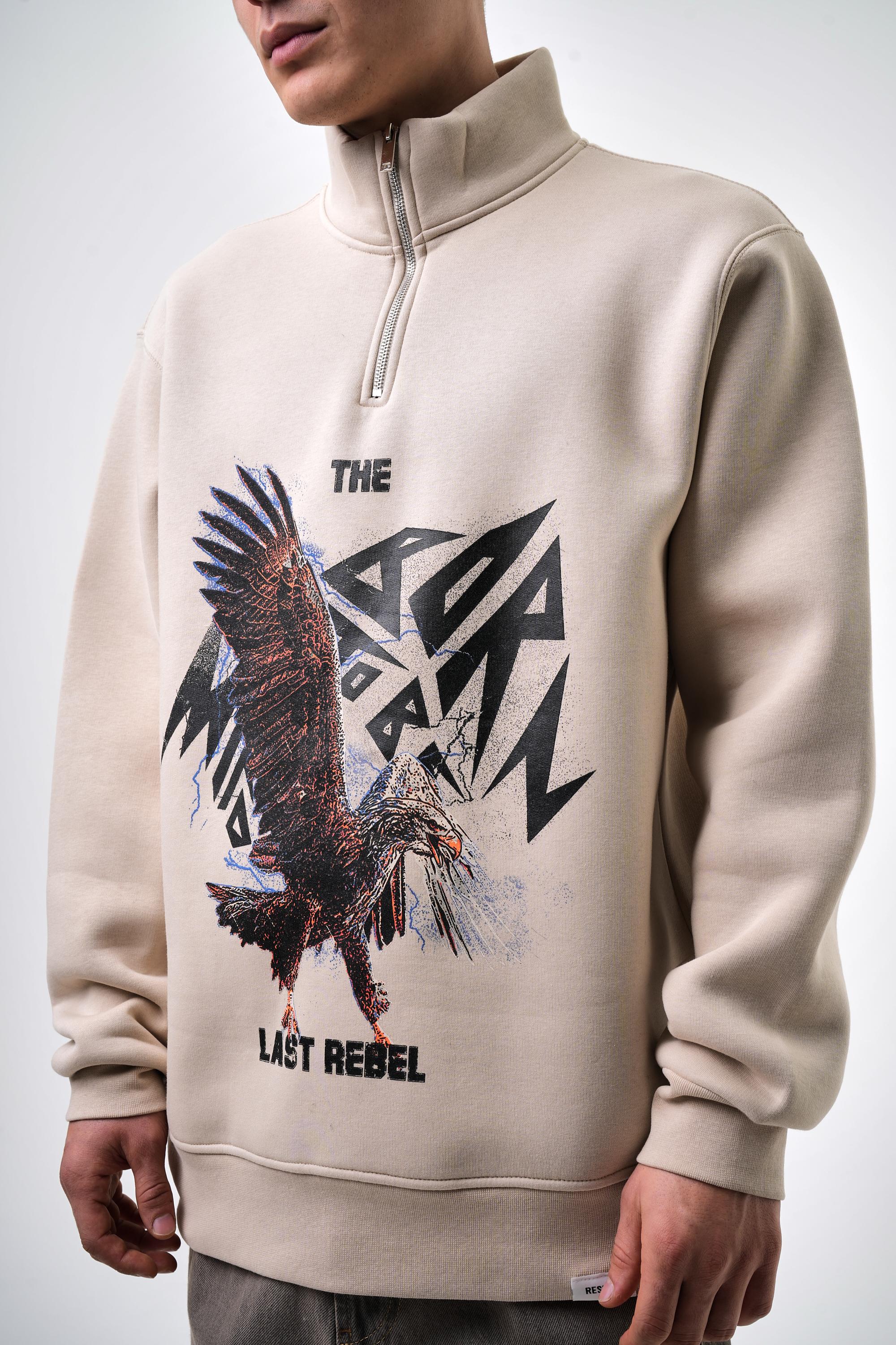 Erkek Oversize The Last Rebel Baskılı Yarım Fermuarlı  Sweatshirt - Bej