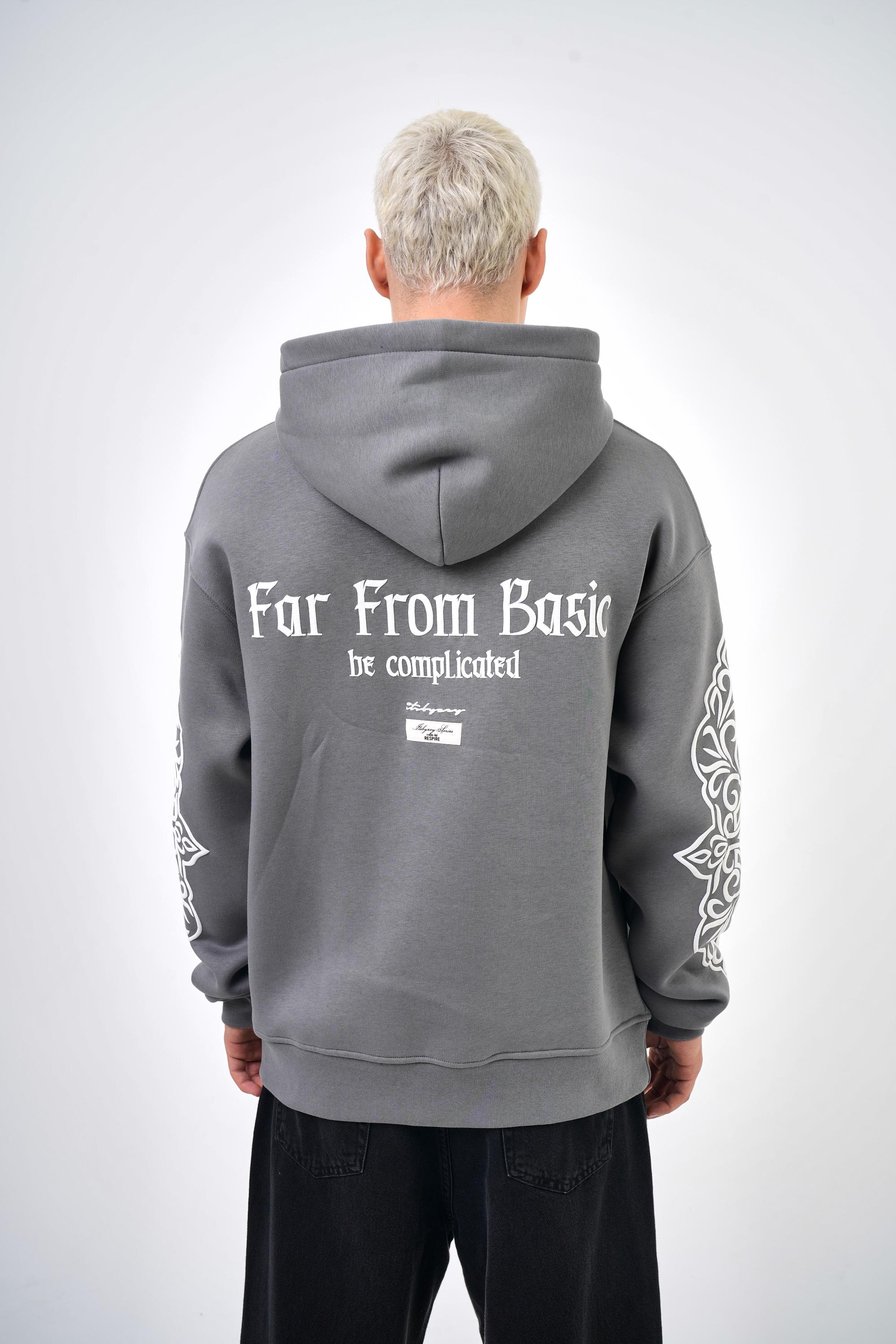 Erkek Oversize Far From Basic Baskılı Kapüşonlu Hoodie - Gri