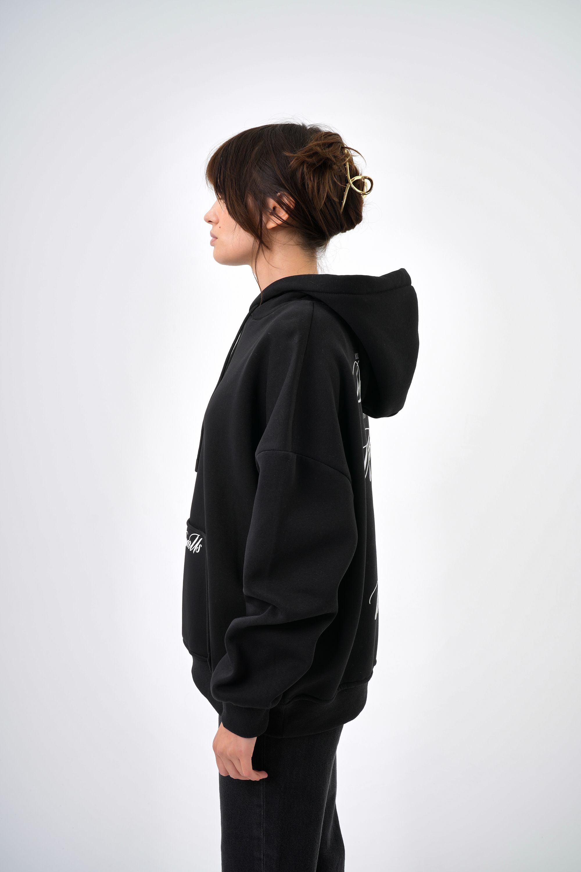 Kadın Want From Us Yazılı Kanguru Cepli Kapüşonlu Oversize Hoodie - Siyah