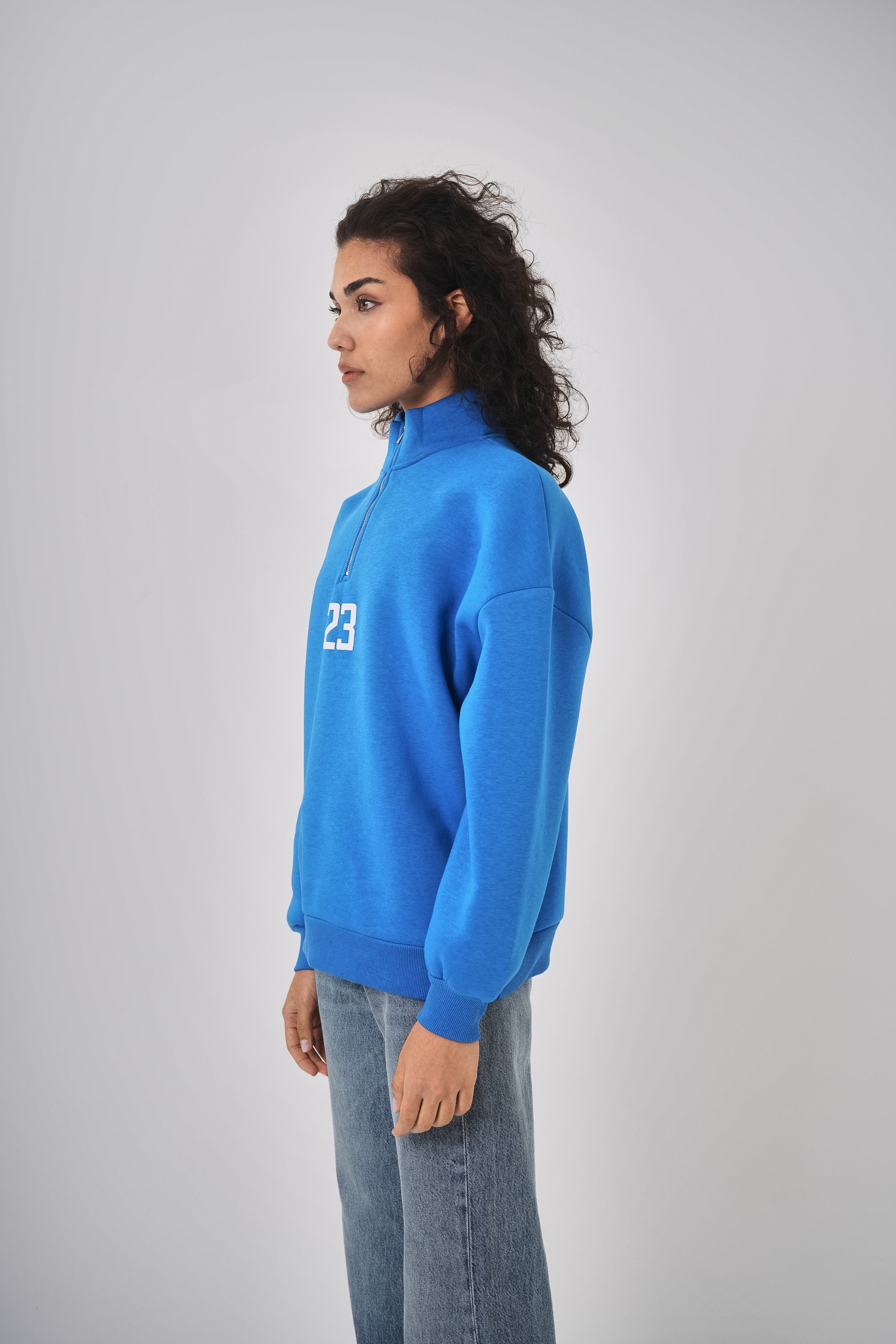 Kadın Oversize Baskılı Yarım Fermuarlı Sweatshirt - Mavi