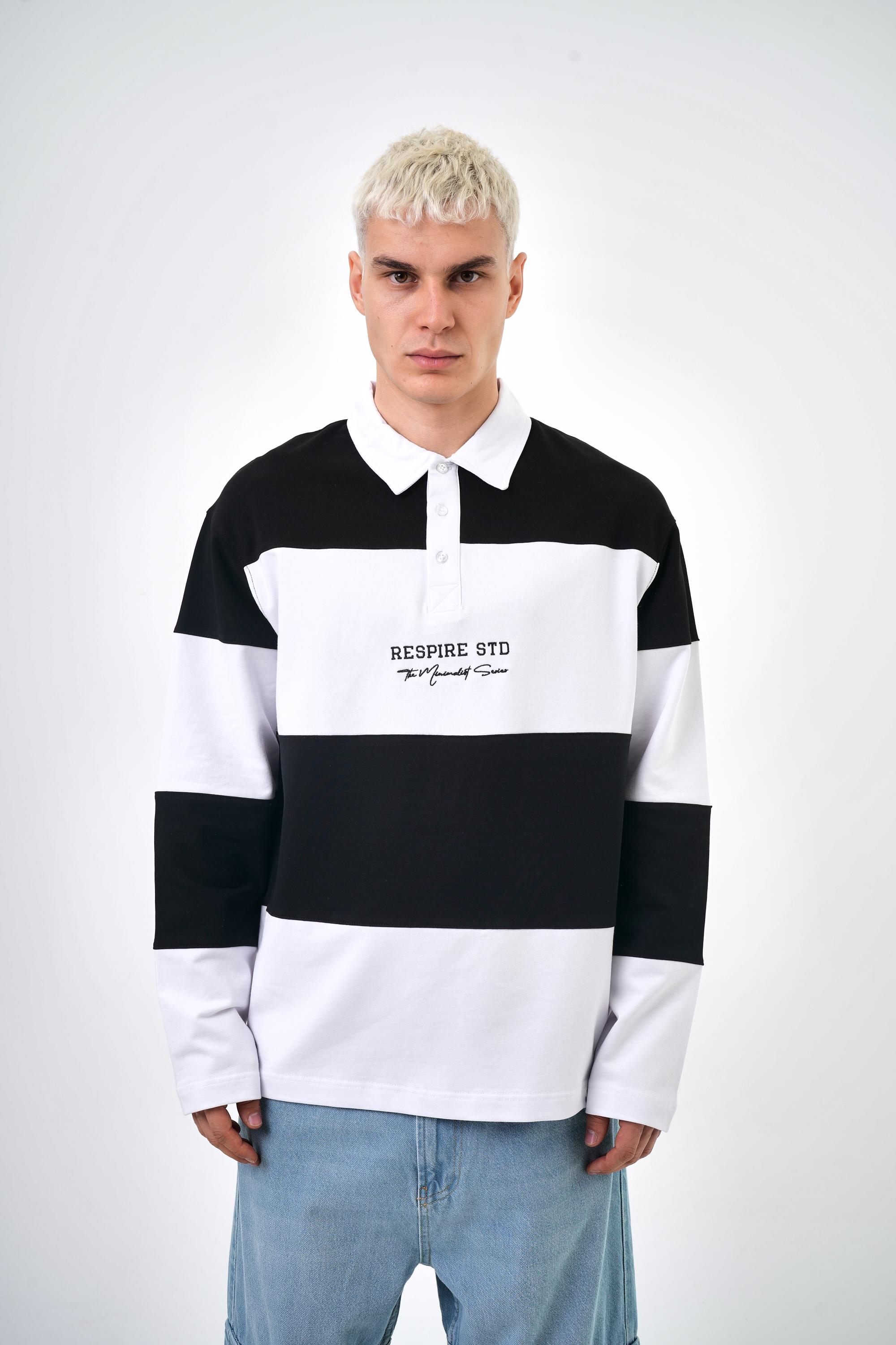 The Minimalist Series Yazılı Polo Yaka Oversize Swearshirt - Siyah