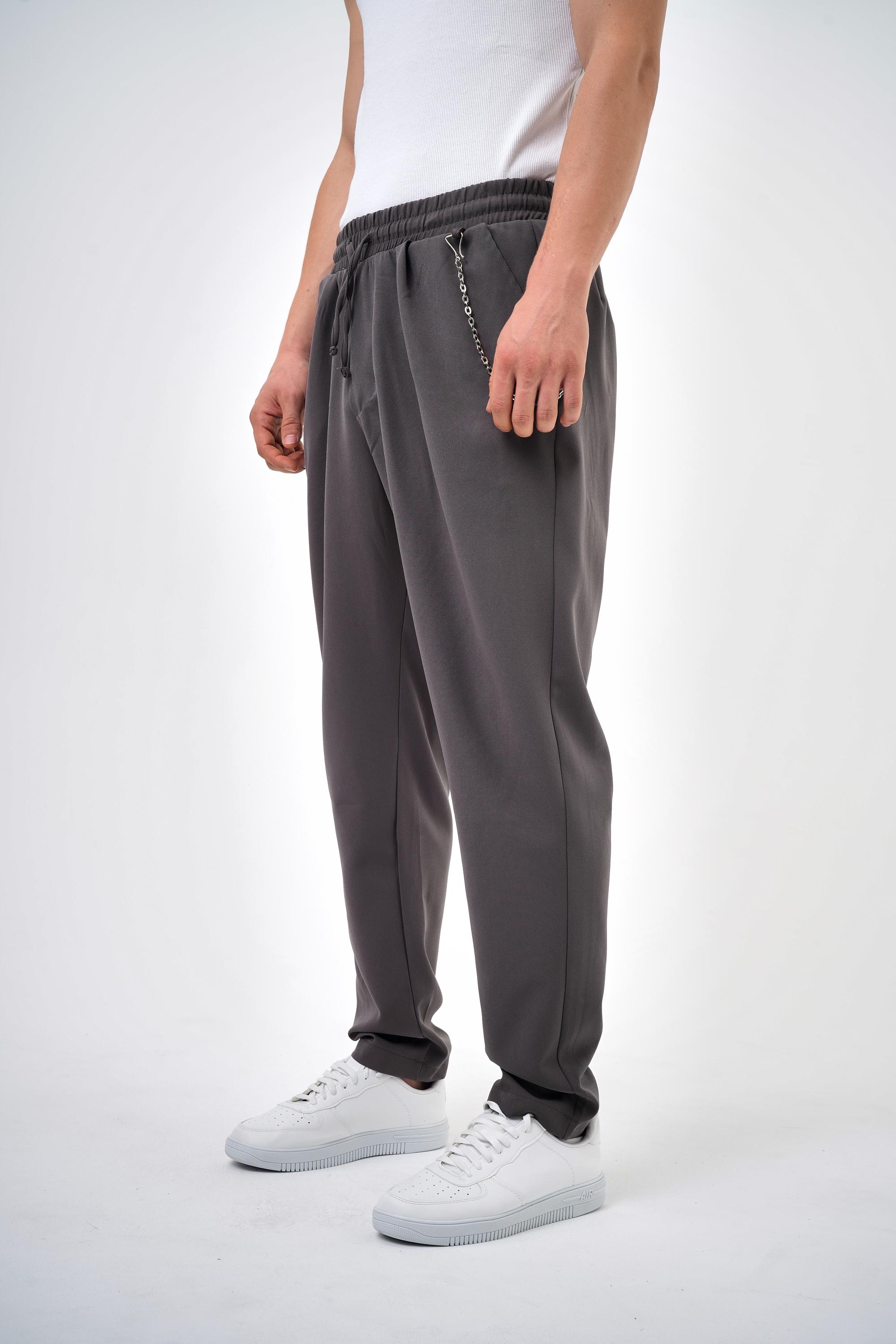 Zincir Detaylı Bağcıklı Dar Paça Single Pleated Jogger Pantolon - Füme