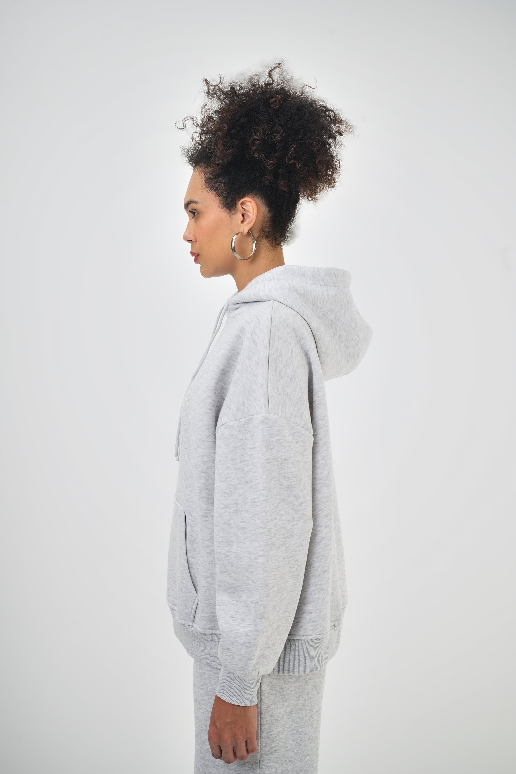 Kadın Kanguru Cepli Kapüşonlu Basic Oversize Hoodie - Kar Melanj