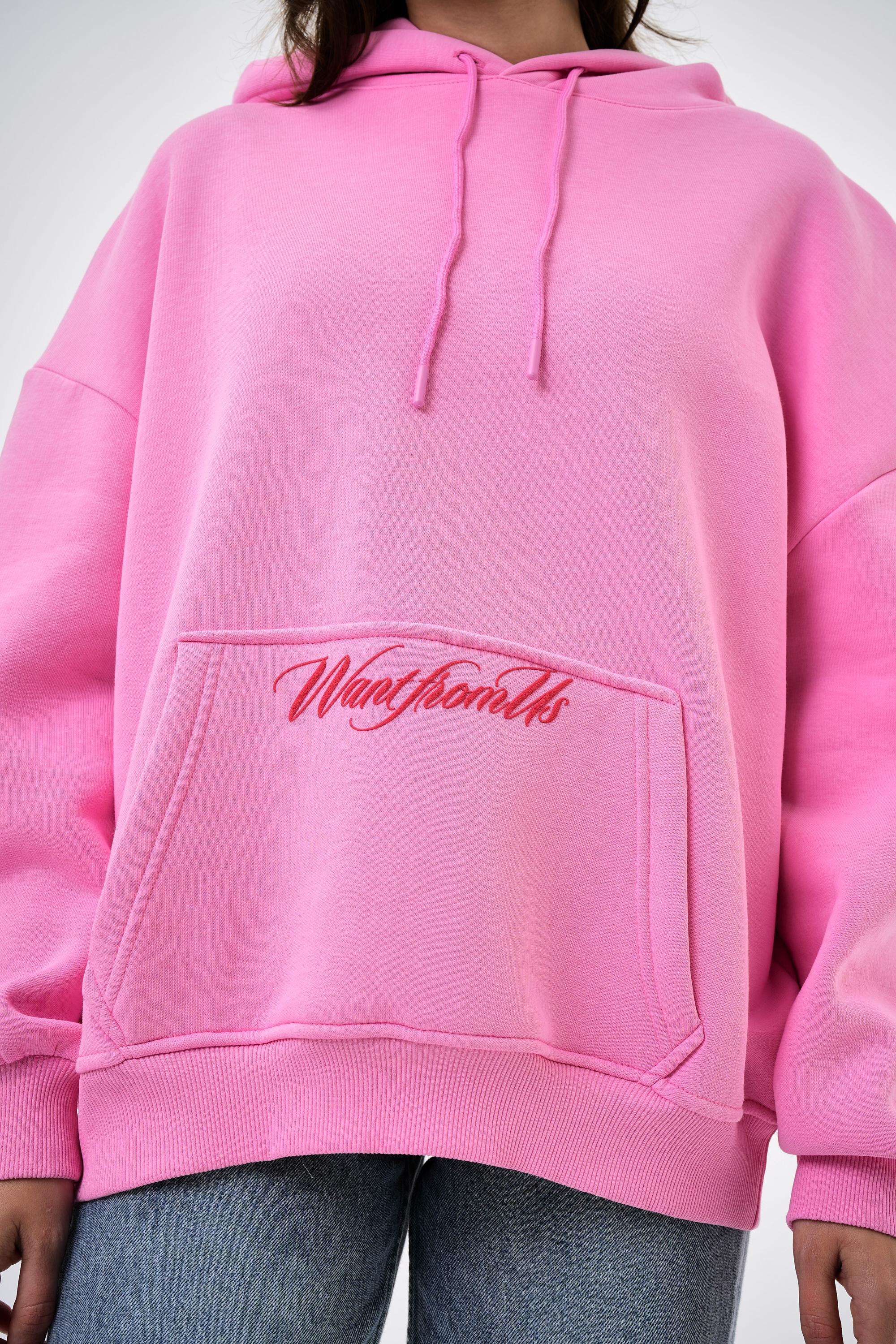 Kadın Want From Us Yazılı Kanguru Cepli Kapüşonlu Oversize Hoodie - Pembe