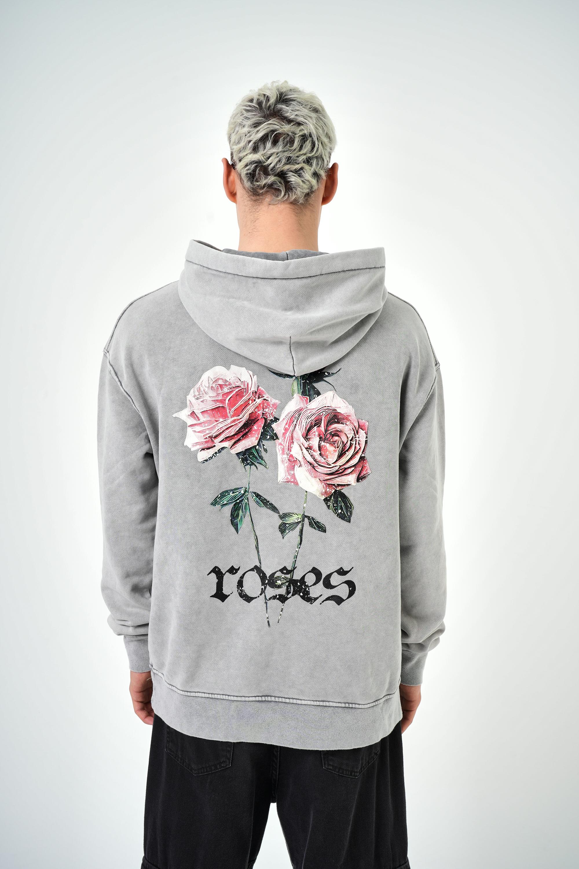 Erkek Oversize Roses Yazılı Yıkamalı Hoodie - Gri