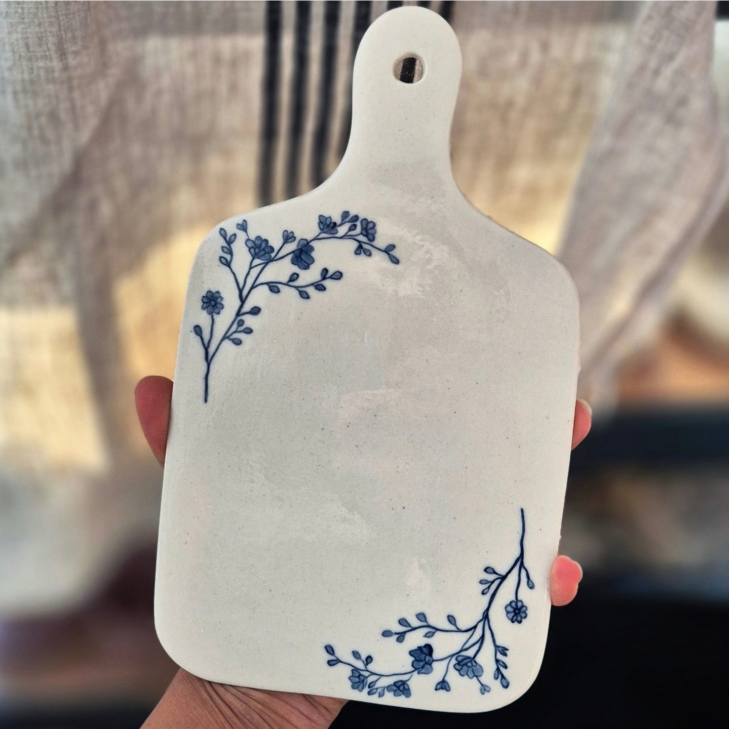Stoneware Mavi Çiçek Kesme Tahtası / Sunumluk