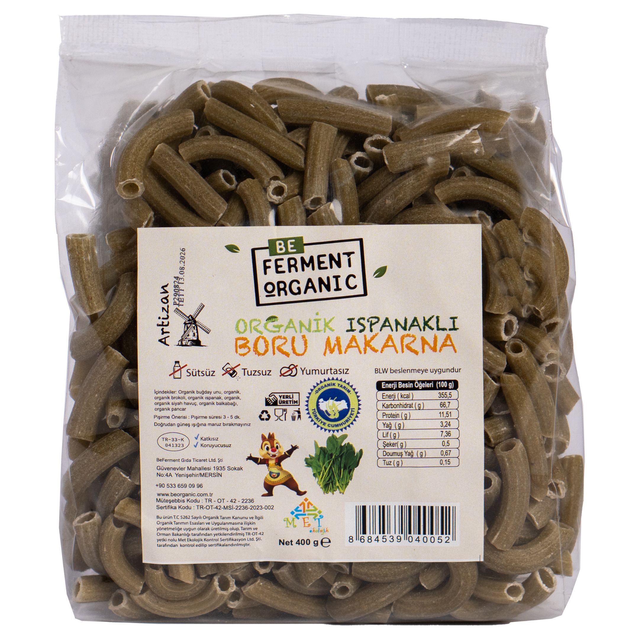 Organik Ispanaklı Boru Makarna 400 Gr
