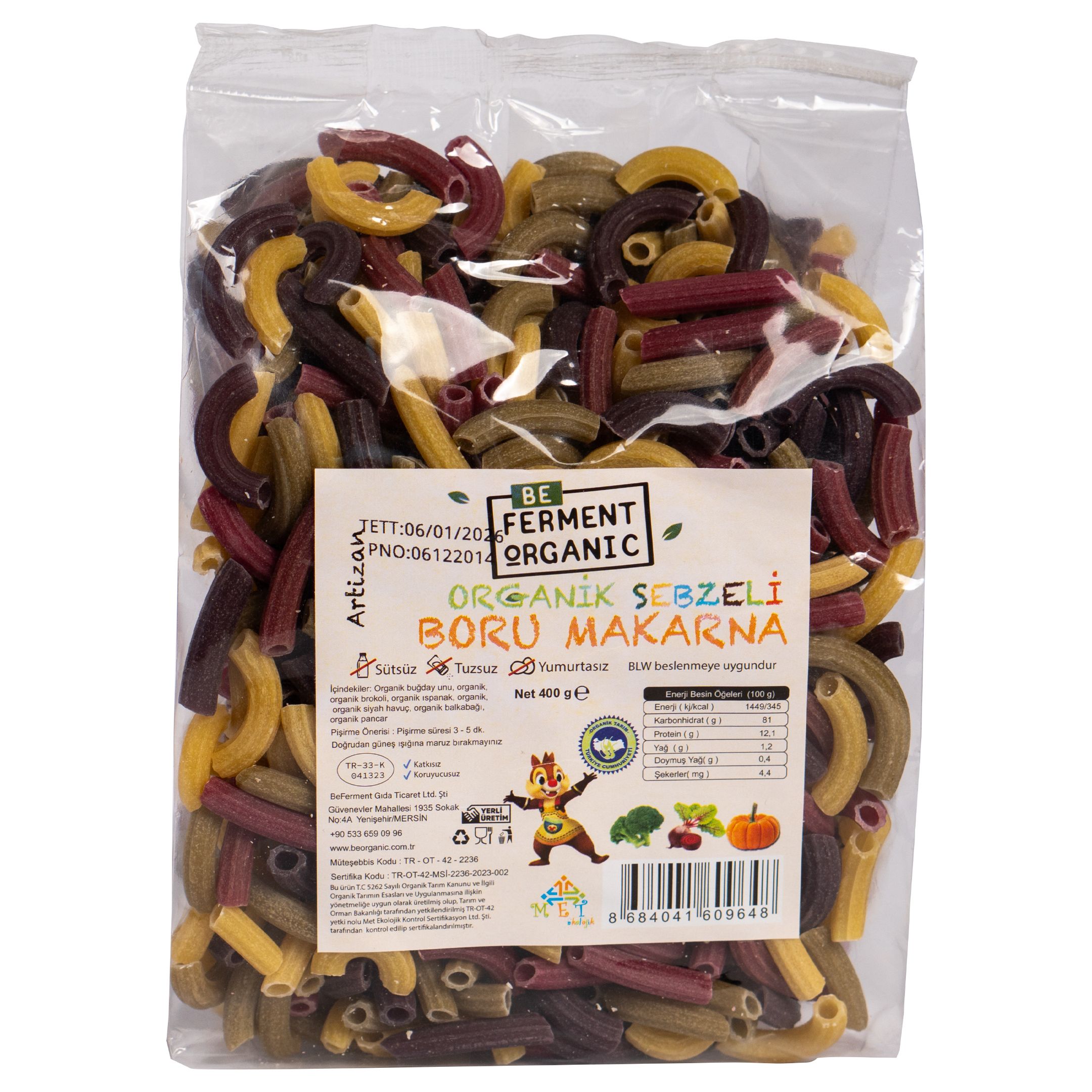 Organik Sebzeli Boru Makarna - 400 Gr