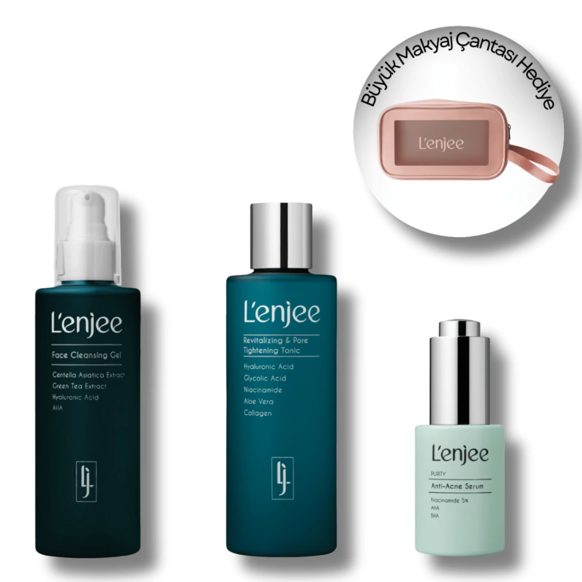 (Akne Karşıtı) Anti-Acne Cilt Bakım Seti | Anti-Acne Serum + Tonik + Yüz Temizleme Jeli -Büyük makyaj Çantası Hediyeli