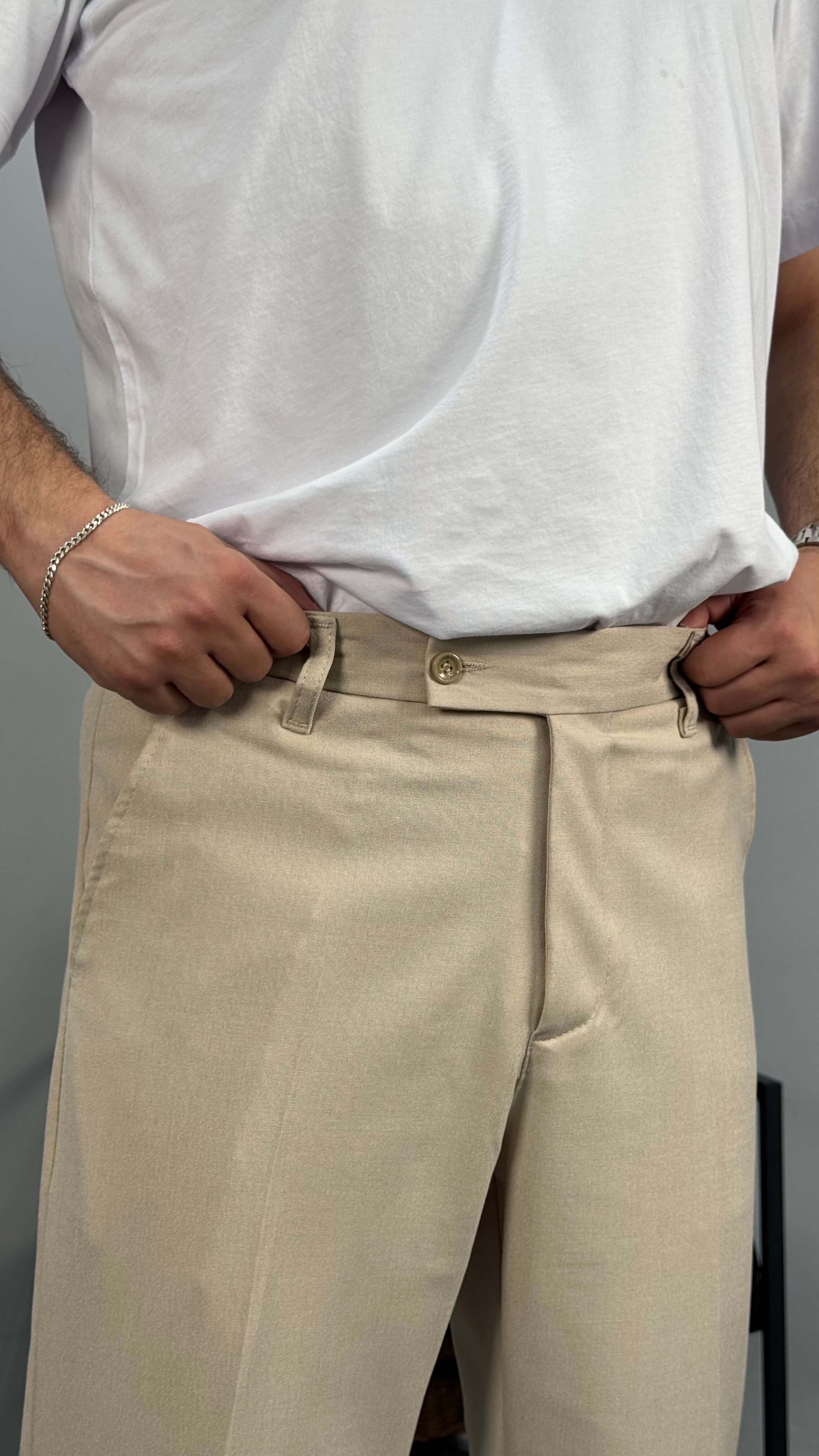 Regular Kalıp Duble Paça Erkek Pantolon - Krem