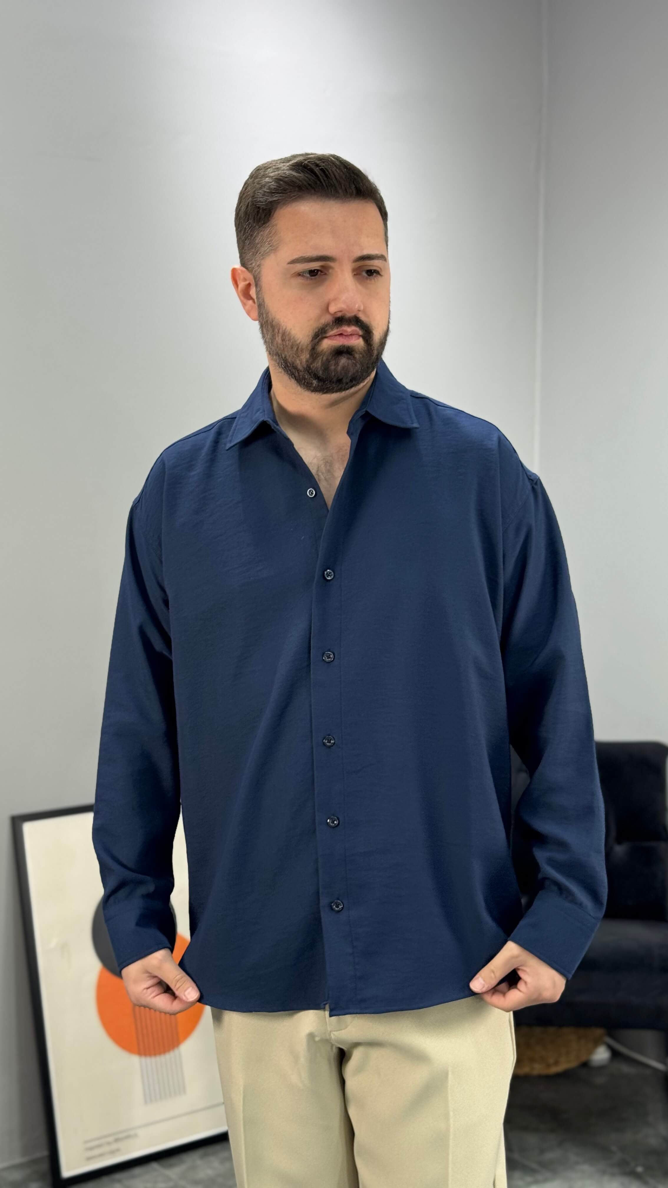 Premium Kışlık Modal Oversize Erkek Gömlek - Lacivert