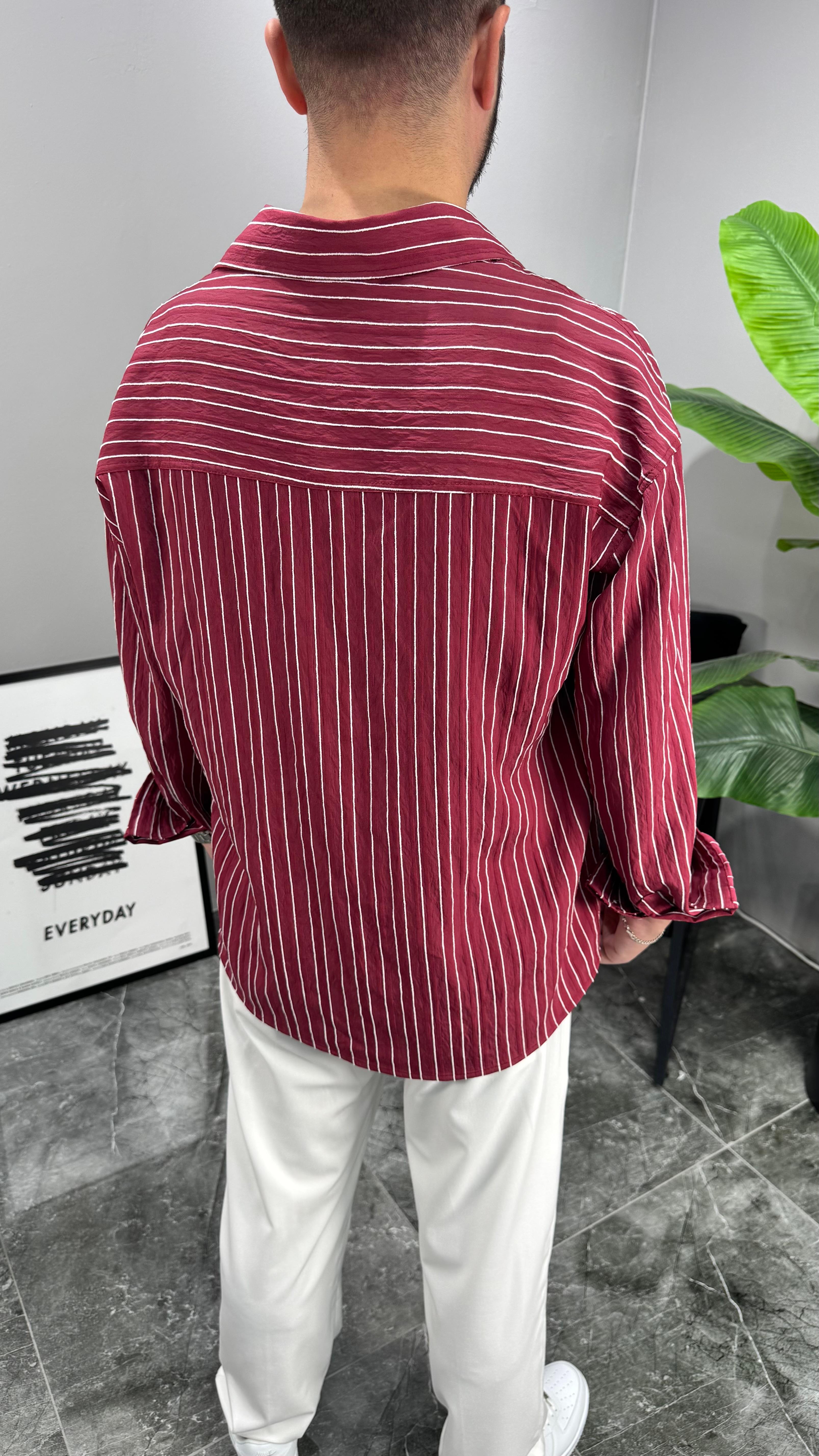 Çizgi Detay Oversize Kalıp Crinkle Kumaş Erkek Gömlek - Bordo