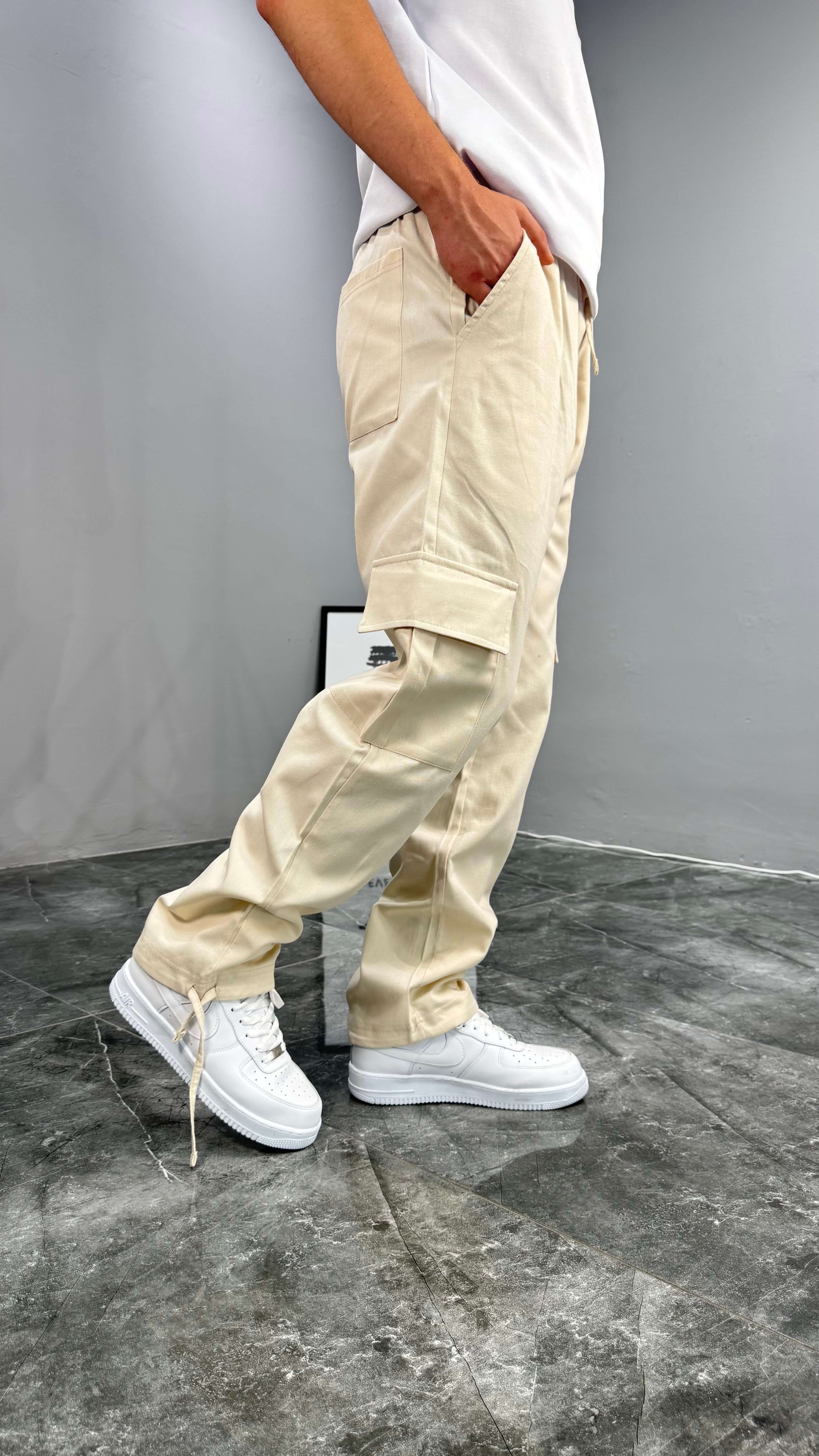 Yazlık Gabardin Kumaş Baggy Kargo Erkek Pantolon - Krem