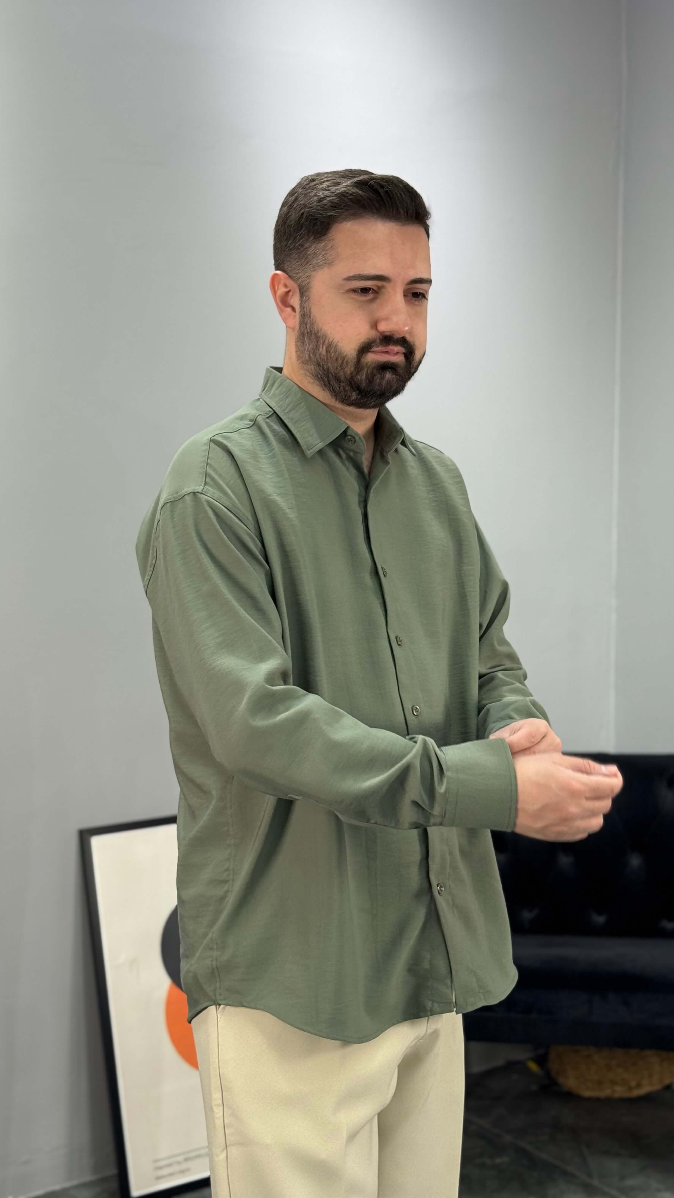 Premium Kışlık Modal Oversize Erkek Gömlek - Haki