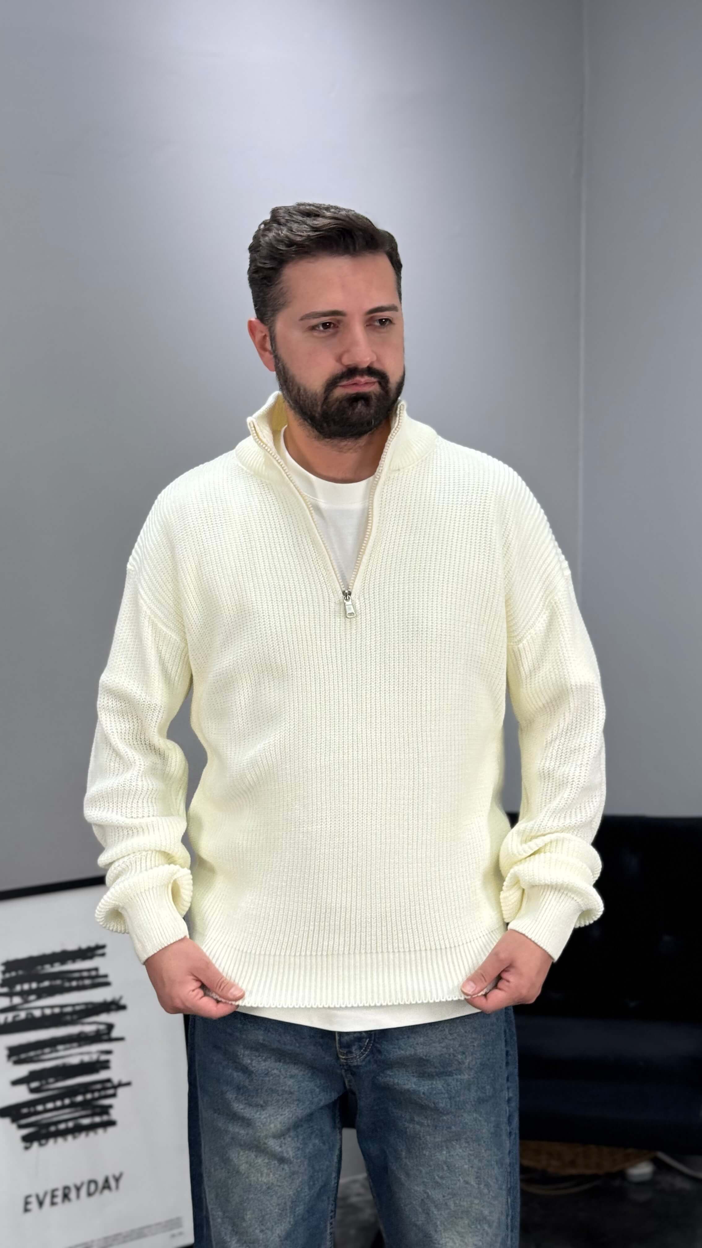 Fermuarlı Örme Oversize Kazak - Beyaz