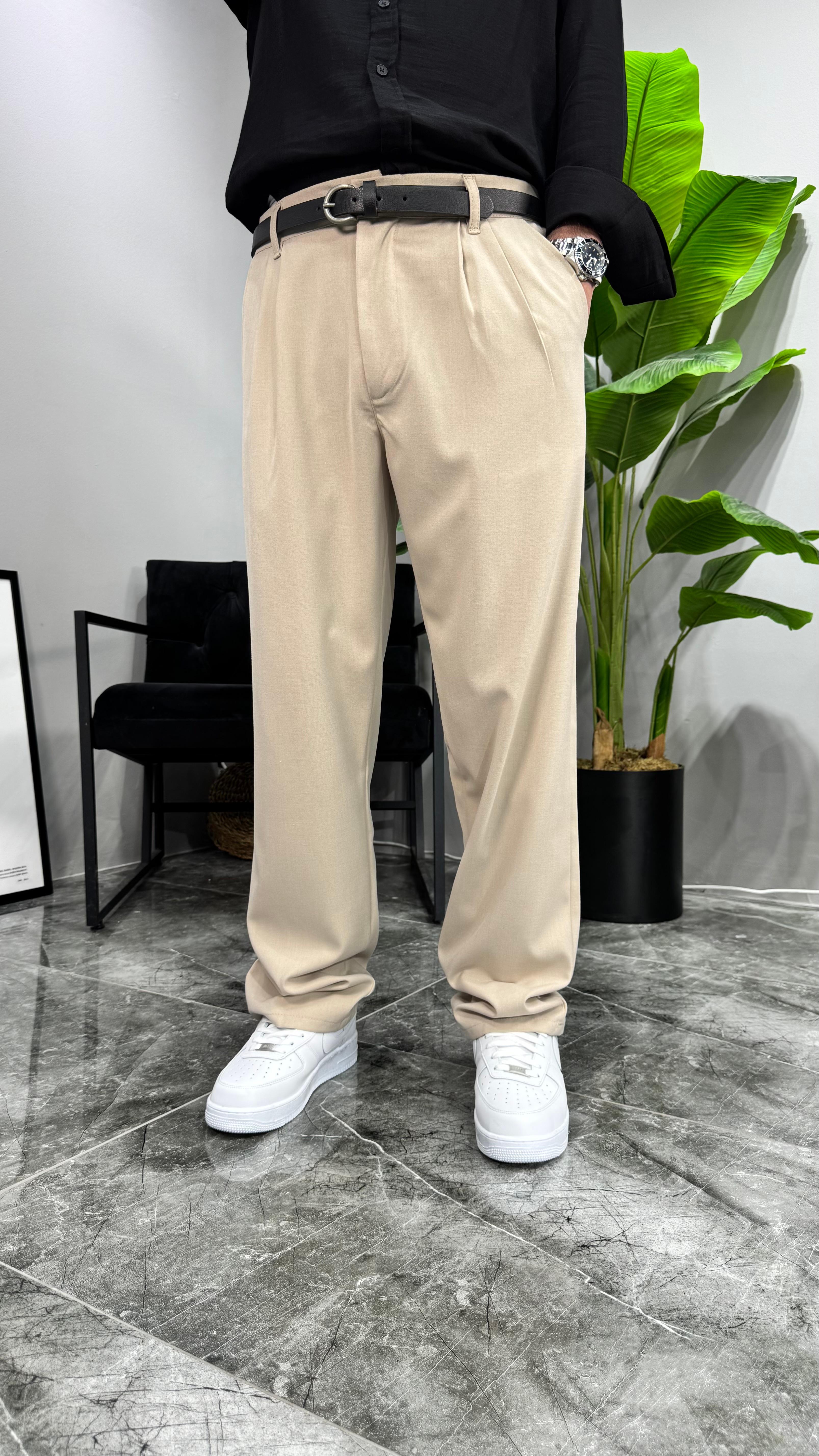 Premium Kemerli Baggy Erkek Pantolon - Krem