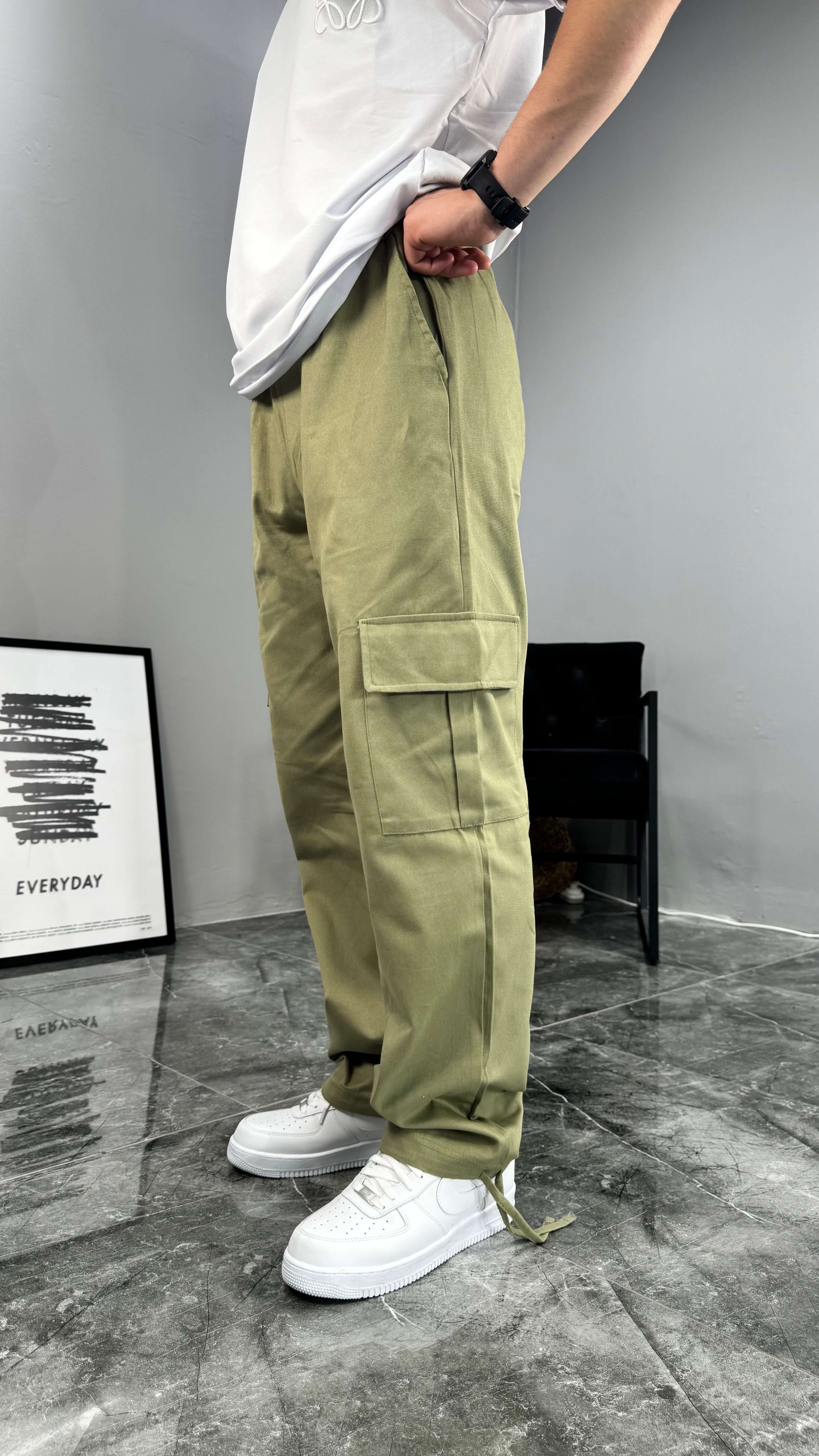 Yazlık Gabardin Kumaş Baggy Kargo Erkek Pantolon - Haki