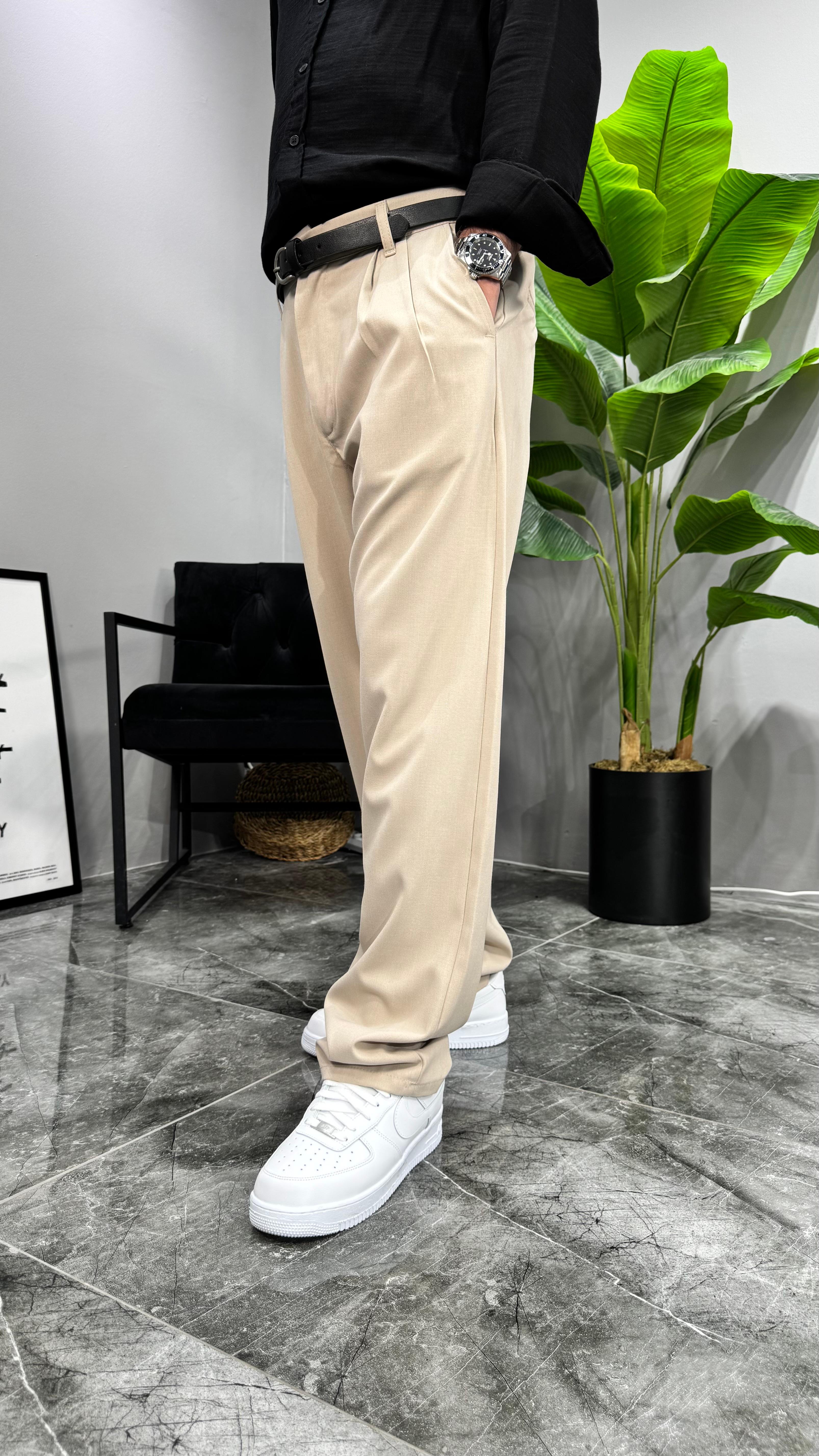 Premium Kemerli Baggy Erkek Pantolon - Krem