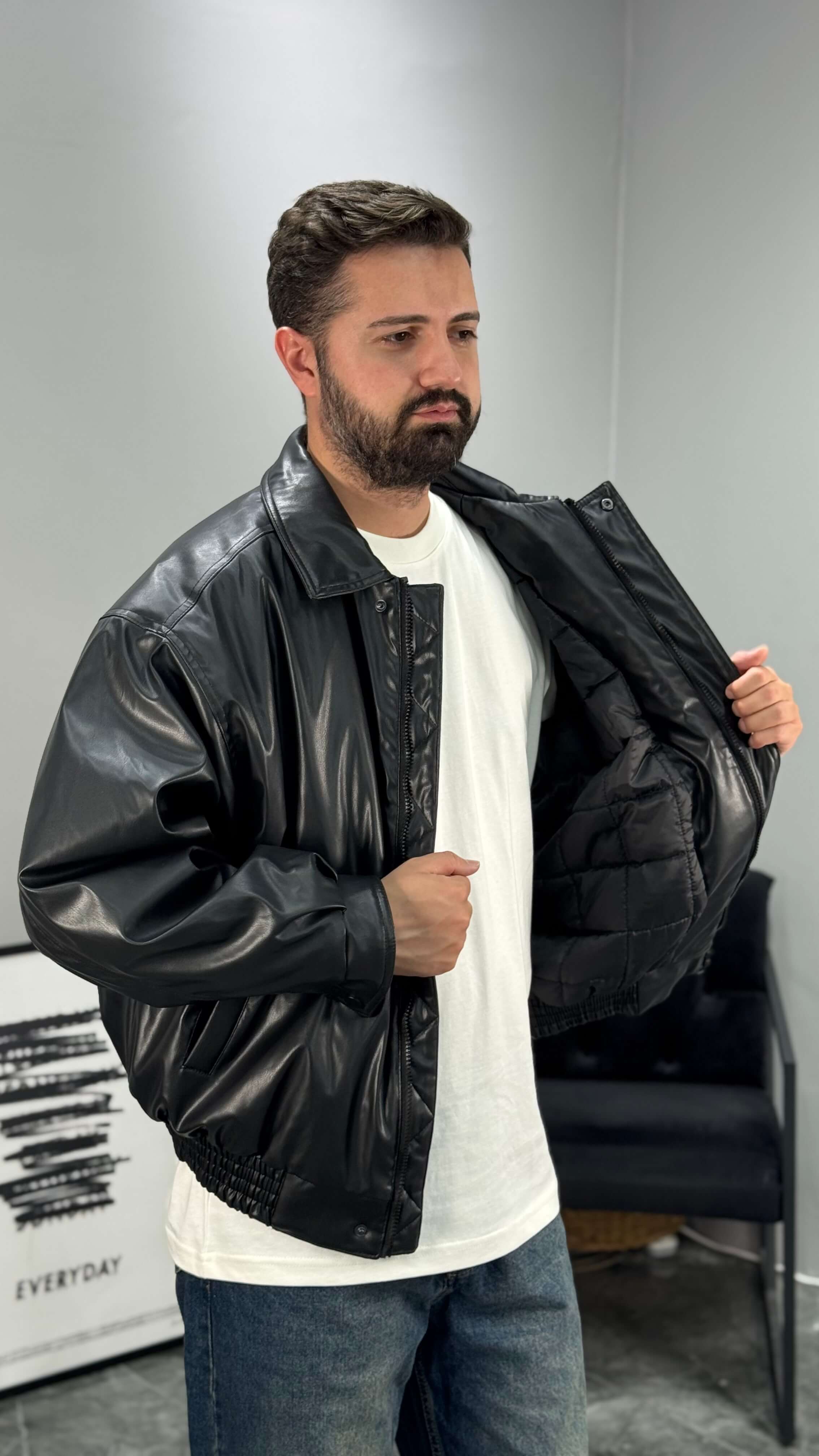 Vintage Deri Bomber Mont - Siyah