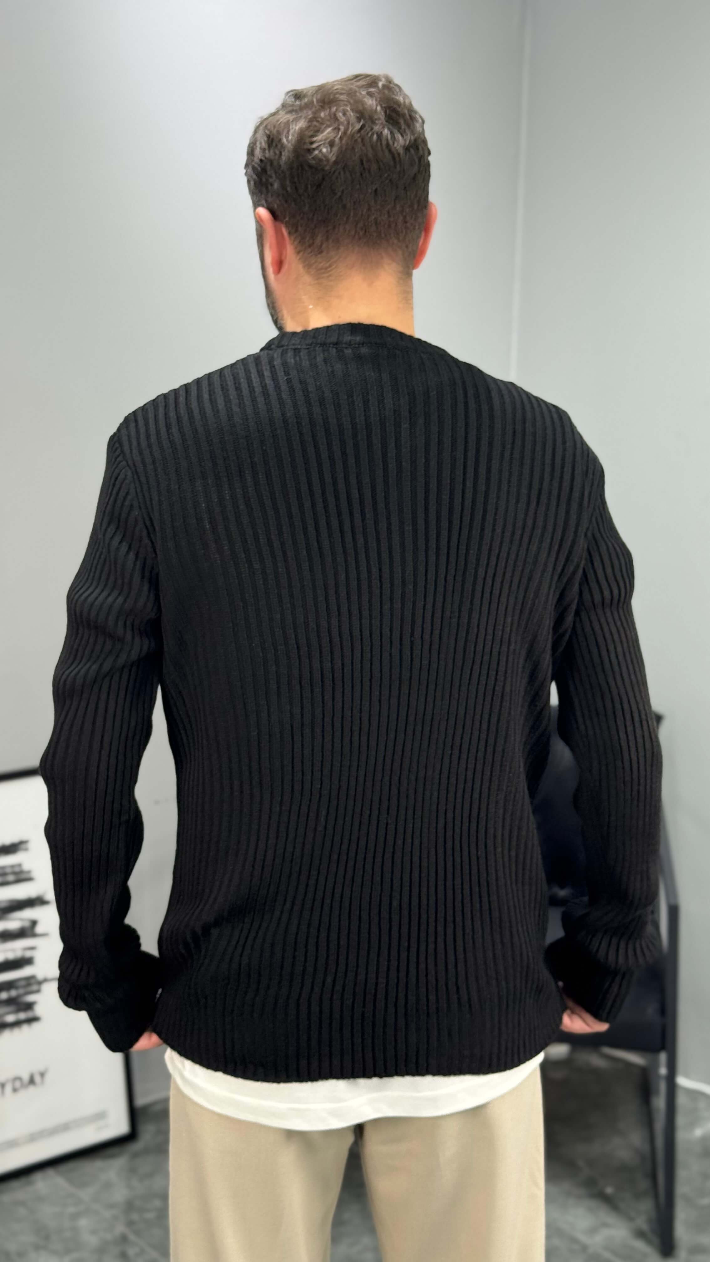 Regular Fit Çizgili Kazak - Siyah